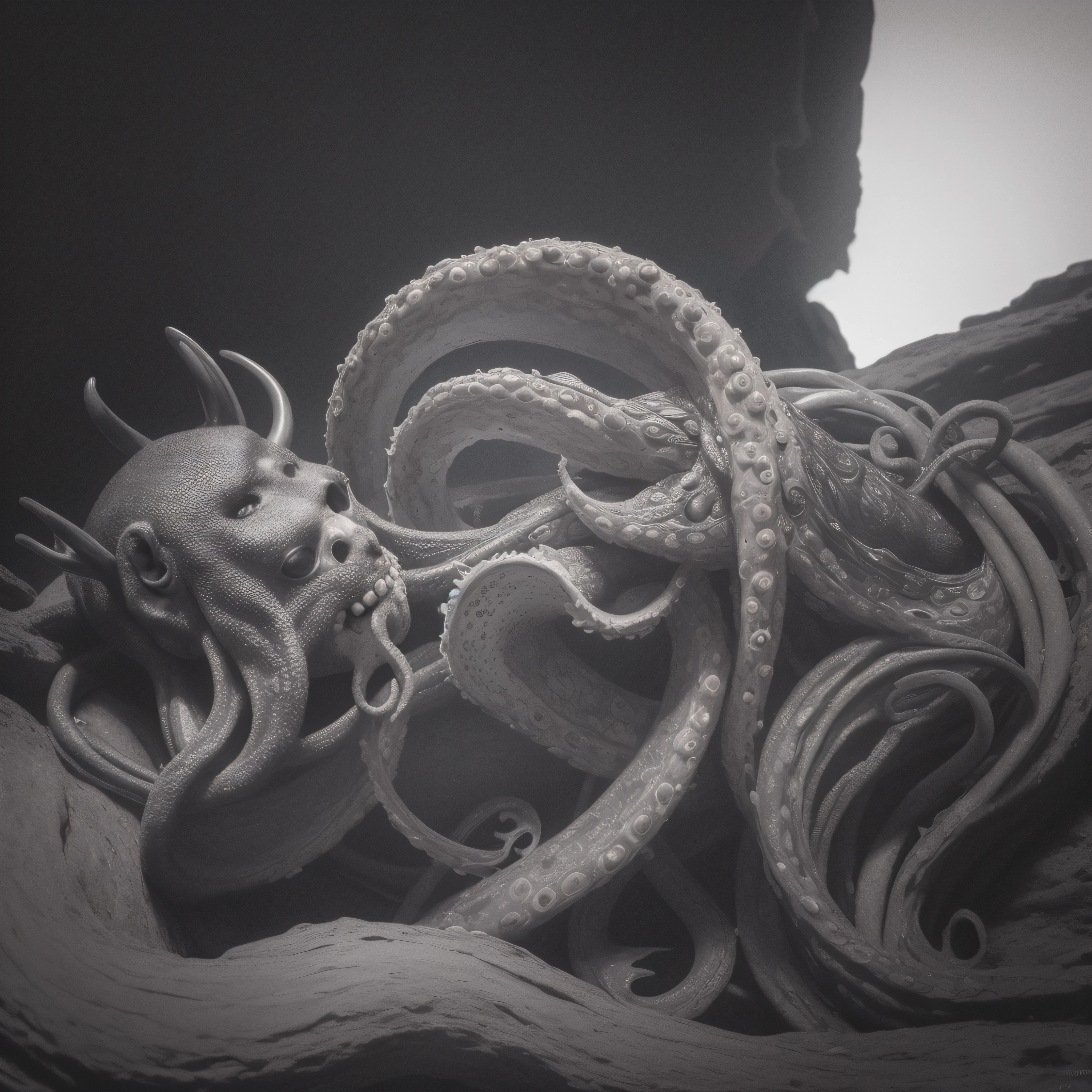(extremadamente detallado, obra maestra, La mejor calidad), Estilo oscuro, intense illumination, rostro con arrugas, lengua larga, tentacle, deforme, monstruoso, interior de una piscina de agua verdosa, imagen submarina, alien con Colmillos finos, pico de pulpo amenazante. manchas de tinta. Rococo composition. Luz de caravaggio