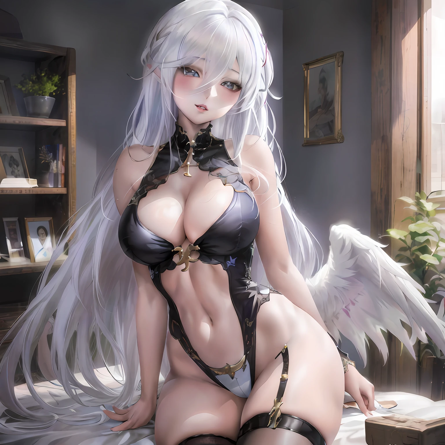 Anime - sexy woman style image with angel wings, Anime goddess, seductive anime girls, 8K high quality detailed art, White-haired god, anime highly detailed, Perfect white haired girl, full - body majestic angel, Guweiz in Pixiv ArtStation, angelic wings on her back,, Guweiz on ArtStation Pixiv
