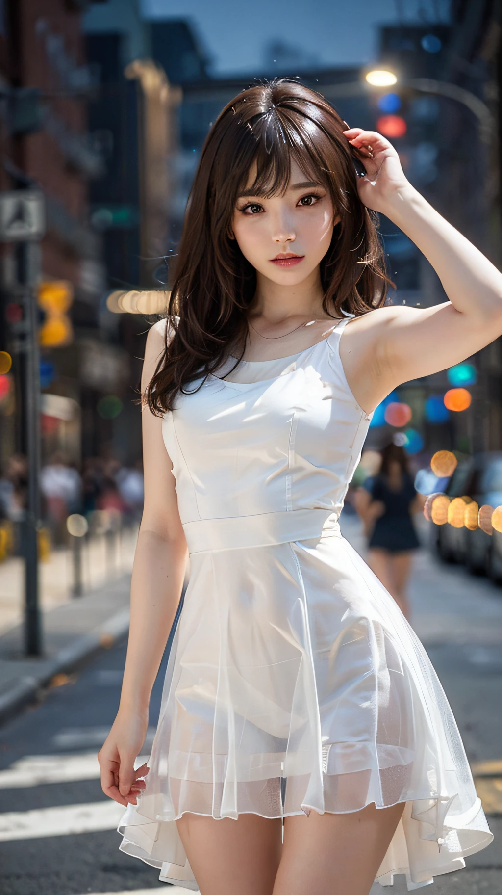 ((Realistic lighting, Best quality, 8K, Masterpiece: 1.3)), Focus: 1.2, 1girl, Perfect Figure: 1.4, Slim Abs: 1.1, ((Dark brown hair)), (White dress: 1.4), (Outdoor, Night: 1.1), City streets, Super fine face, Fine eyes, Double eyelids,
