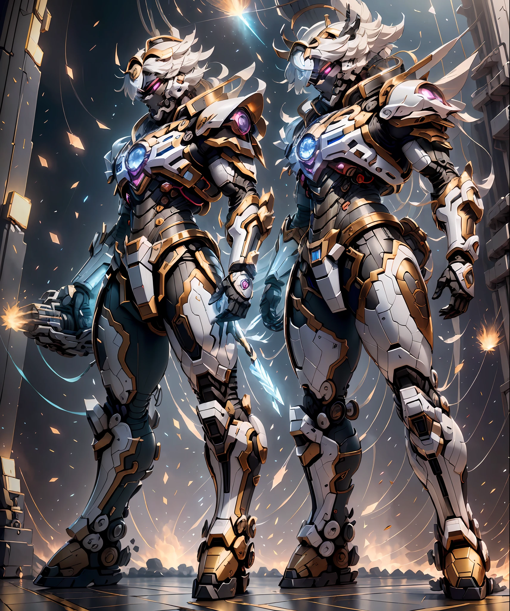 mechs,White is the main color，Comes with bright decorative colors such as red and gold。There are powerful thrusters,(crystal:1.3),(((巨作))),(((Best quality))),((ultra - detailed))((Extremely detailed CG)),((16K resolution))((An extremely delicate and beautiful)),{Photorealistic},Full of detailed light blooms,A masterpiece from the Canon EOS R6 shooting,((tmasterpiece)) ,电影灯光,独奏,Unreal Engine 5,flight deck