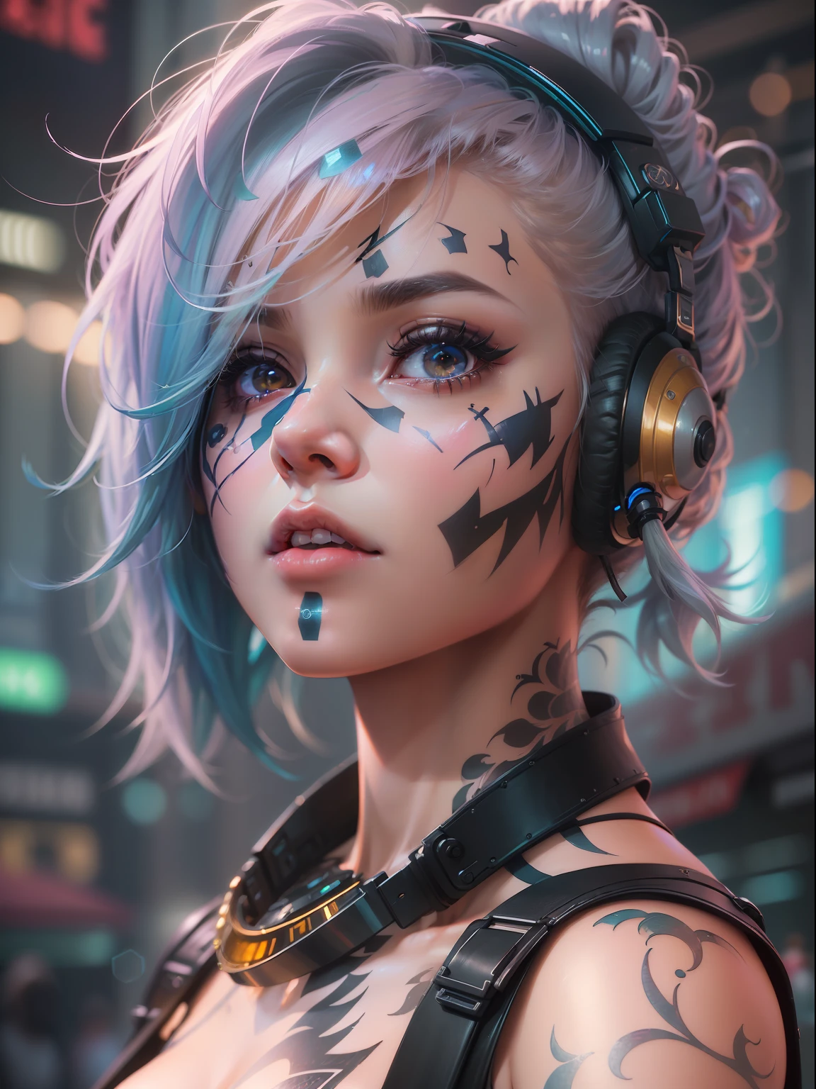 (((masterpiece)))、(((top-quality)))、((ultra-definition))、(High Definition CG Illustration)、((extremely delicate and beautiful))、Cyber City、Cinematic Light、Girl with a sheared hairstyle、unconventional、Cyber Girl、Tank Girl、facepaint、Face tattoos、2080s、animesque、girl with、trending on artstationh、Rachel Walker