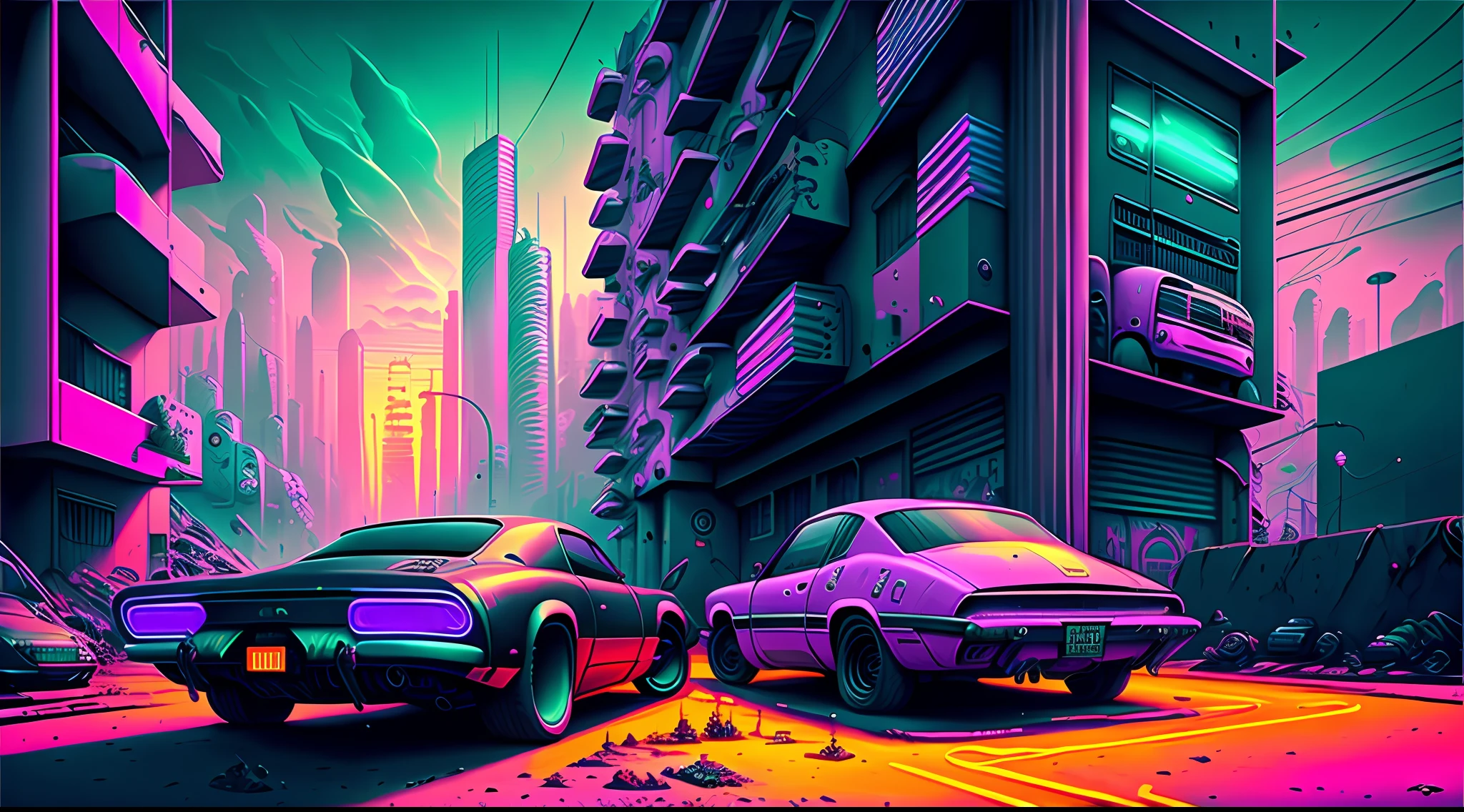 surreal cidade cyberpunk neon, carros, Buildings, futuro
