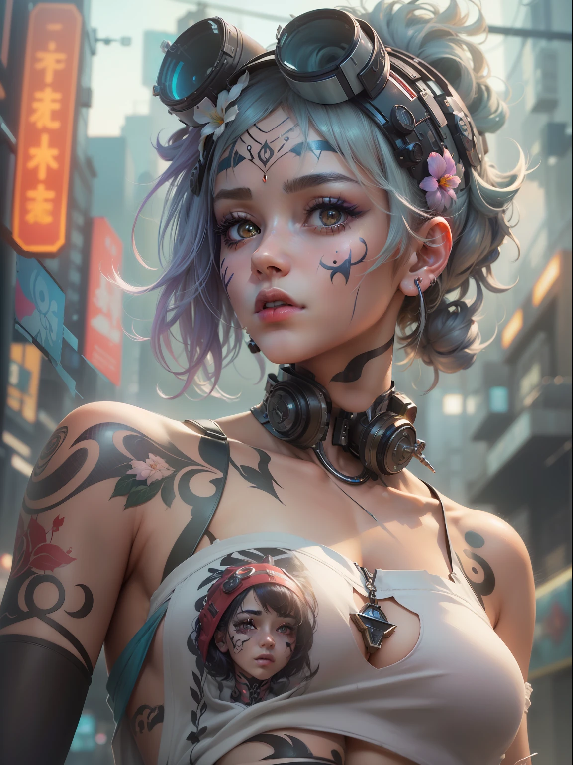 (((masterpiece)))、(((top-quality)))、((ultra-definition))、(High Definition CG Illustration)、((extremely delicate and beautiful))、Cyber City、Cinematic Light、Girl with a sheared hairstyle、unconventional、Cyber Girl、Tank Girl、facepaint、Face tattoos、2080s、animesque、girl with、trending on artstationh、Rachel Walker