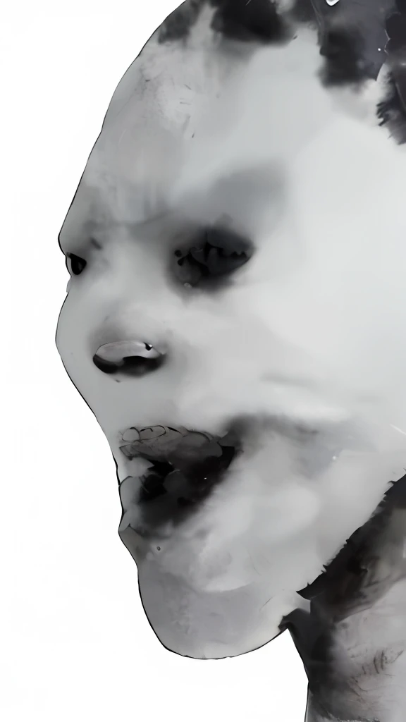 There is a picture of a man with a strange face, pale white face, Eric Lacombe, Aquarela preta e branca, arca album cover, pale face, porcelana rosto branco, Aquarela preta, rosto branco, alternate album cover, humanoide com dentes tortos, closeup do rosto derretendo, album cape, fundo preto