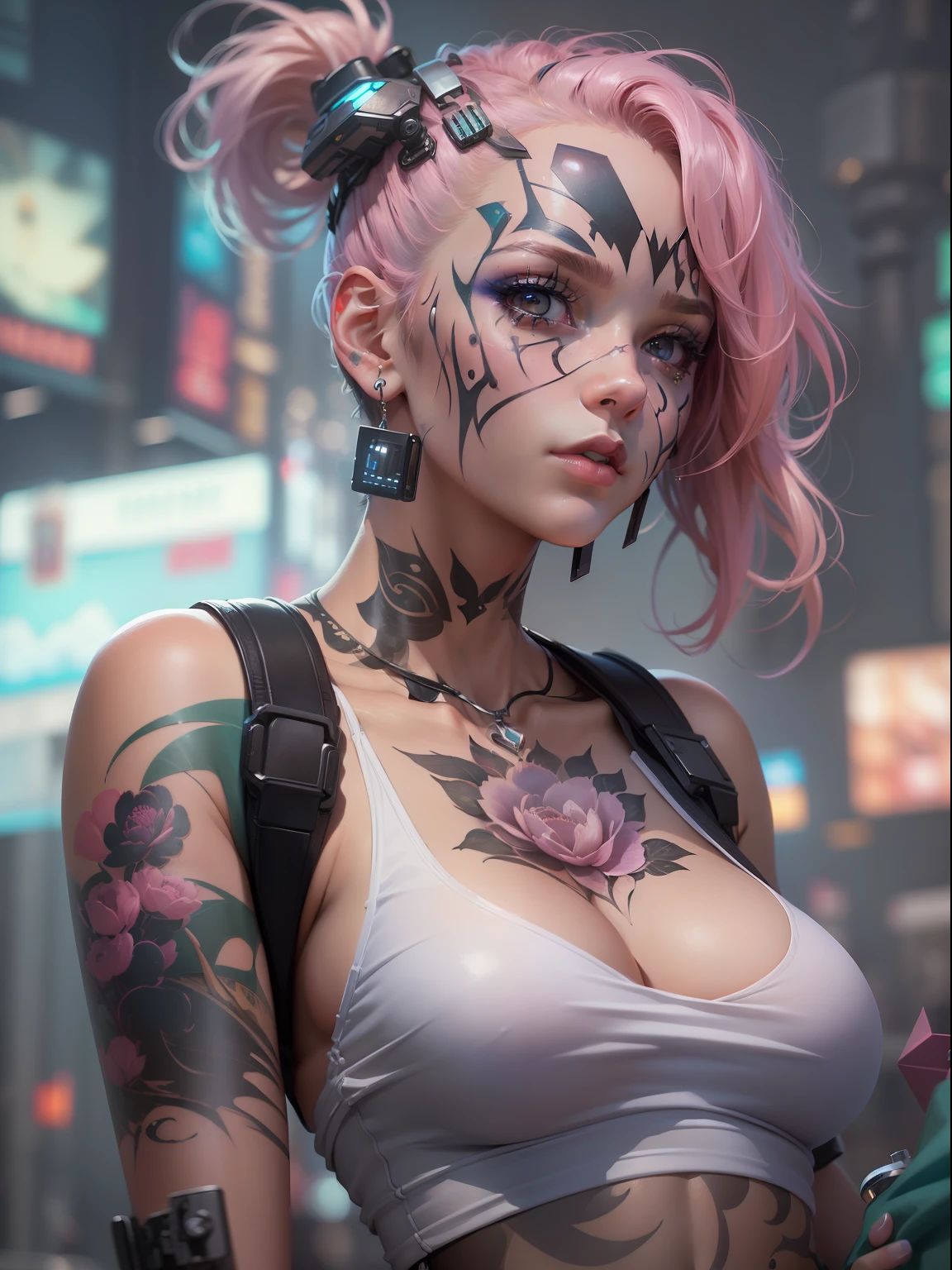 (((​masterpiece)))、(((top-quality)))、((ultra-definition))、(High Definition CG Illustration)、((extremely delicate and beautiful))、Cyber City、Cinematic Light、Girl with a sheared hairstyle、unconventional、Cyber Girl、Tank Girl、facepaint、Face tattoos、2080s、animesque、girl with、trending on artstationh、Rachel Walker