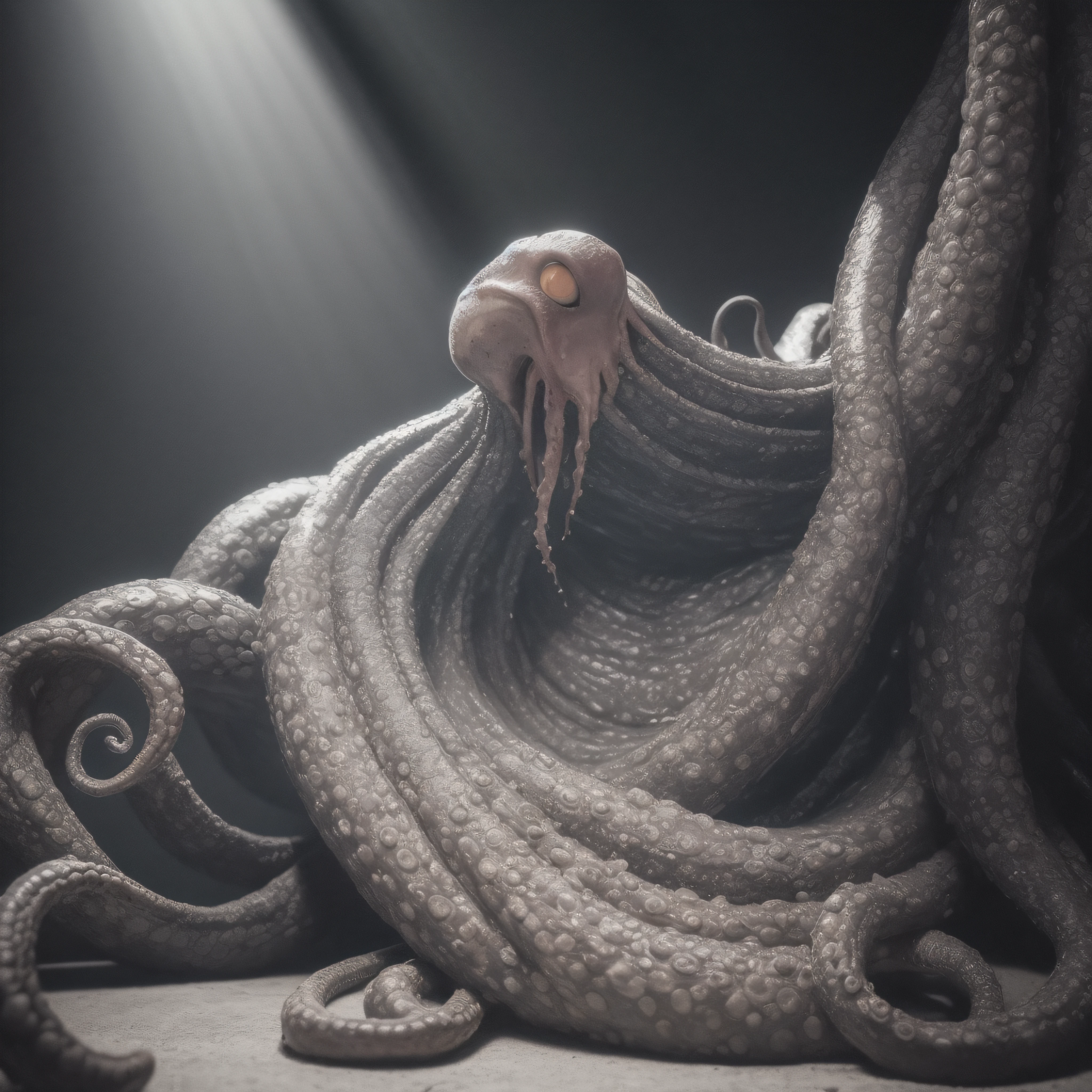 (extremadamente detallado, obra maestra, La mejor calidad), Estilo oscuro, intense illumination, rostro con arrugas, lengua larga, tentacle, deforme, monstruoso, interior de una piscina de agua verdosa, imagen submarina, alien con Colmillos finos, pico de pulpo amenazante. manchas de tinta. Rococo composition. Luz de caravaggio