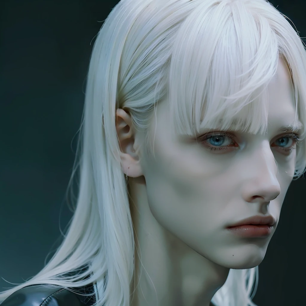 Photography, BALENCIAGA, best quality, 1 boy, man, face photo, sharp face, slim face, sculptural defined, black background, shadows, dark light, photo portrait, focus face, predator look, white hair, bangs, white hair, blonde hair, light hair, white hair, light skin, white skin, straight hair