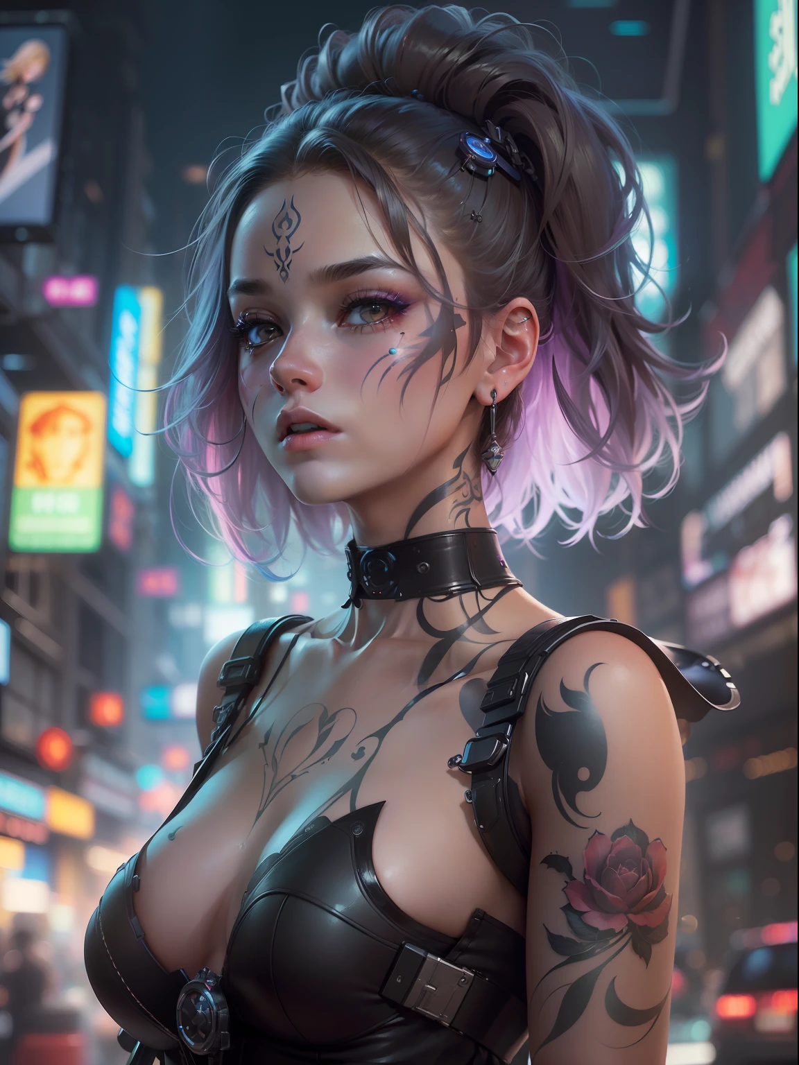(((masterpiece)))、(((top-quality)))、((ultra-definition))、(High Definition CG Illustration)、((extremely delicate and beautiful))、Cyber City、Cinematic Light、Girl with a sheared hairstyle、unconventional、Cyber Girl、2080s、animesque、girl with、facepaint、Face tattoos、trending on artstationh、Rachel Walker