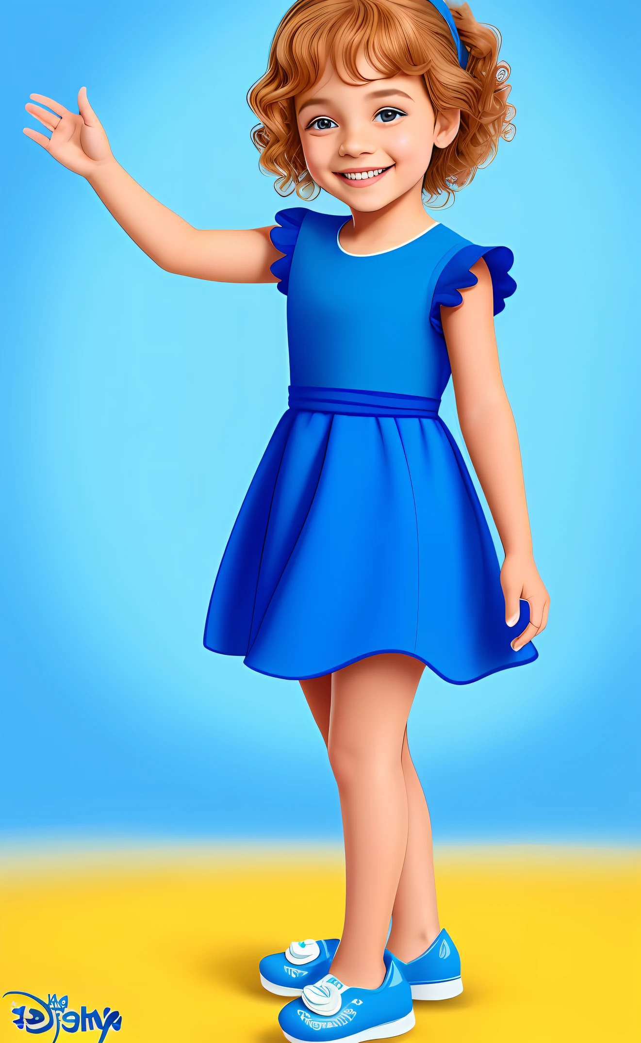 uma menina dos desenhos animados em um vestido azul acenando e sorrindo, retrato de corpo inteiro de um curto!, Pose formal de retrato estilizado, Retrato de corpo inteiro do personagem, render de uma menina anime 3d bonito, em vestido azul, retrato de corpo inteiro, menina em um vestido, retrato de personagem de corpo inteiro, Pose de personagem, azul realista 2d render, anime estilo 2d background Flores