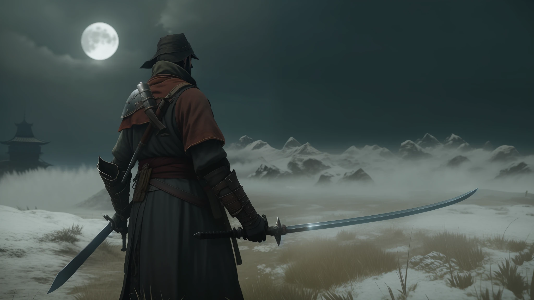 Arafad image, Man with a sword on the battlefield, sekiro in bloodborne world, sekiro mountain, ghost of tsushima, Ben Aicarno inspiration, in-game cinematic, detailed cinematic shot, the rider carries a large sword, from software game, elden ring cinematic lighting，A wolf