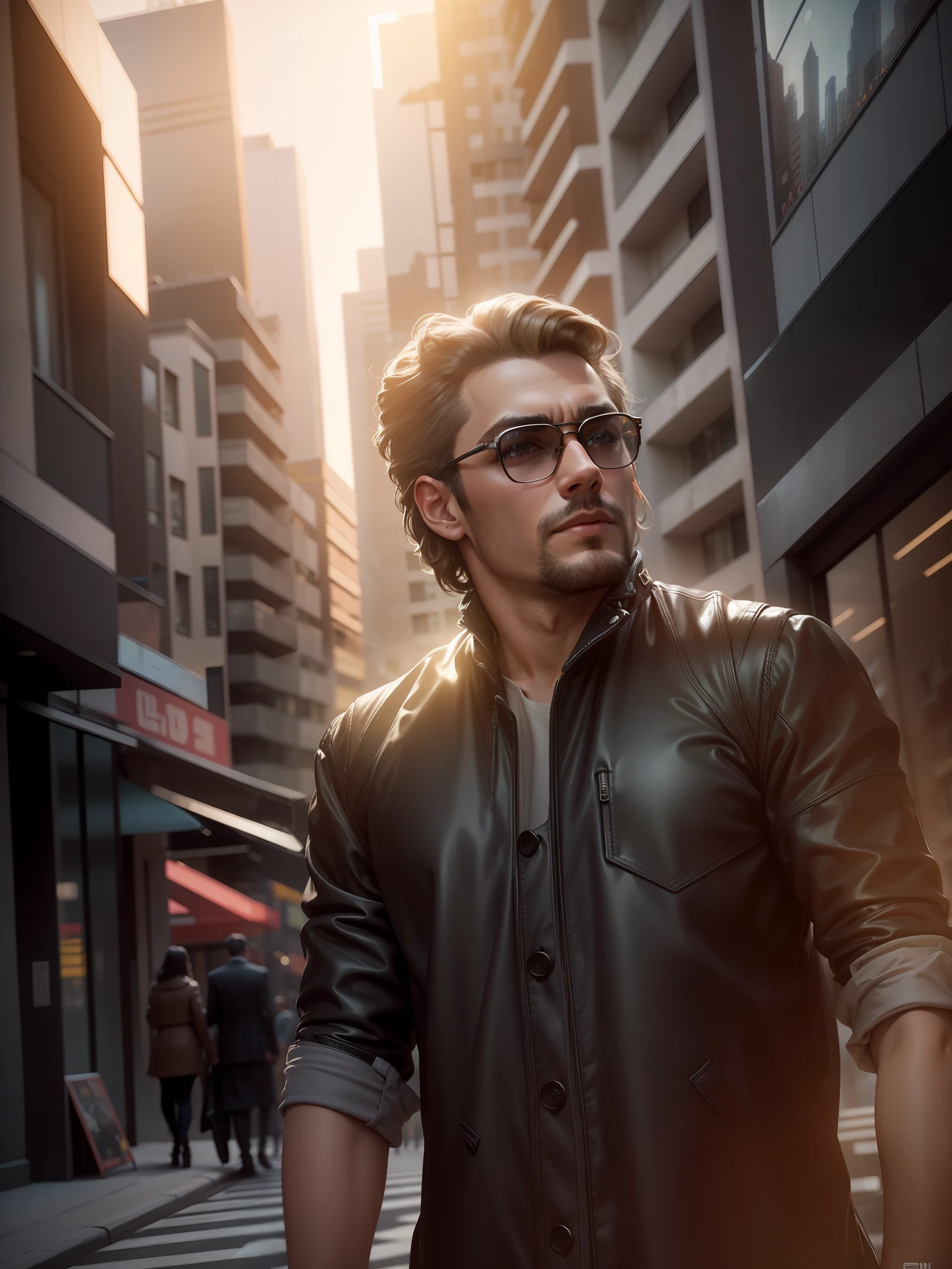 Same face but Change the background into a modern city street with high rise buildings and beautiful sky, make hair a little bit longer, modern city, street people walking in the background, stylish outfit, modern stylish outfit, Hollywood movie style color grading, urban city, super ultra HD HQ quality, 4k, sharpness, realistic look, don't change face, beautiful smooth light from the sky in the background