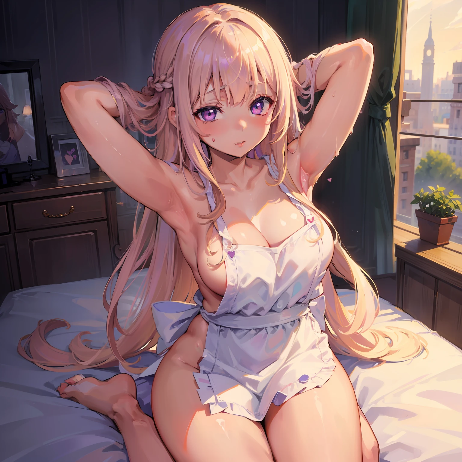 (masterpiece,best quality,ultra detailed) 、nsfw、arms behind head、naked apron、1girl、braided bangs、purple eyes、light blond hair、heart shaped pupils、wet、bed room