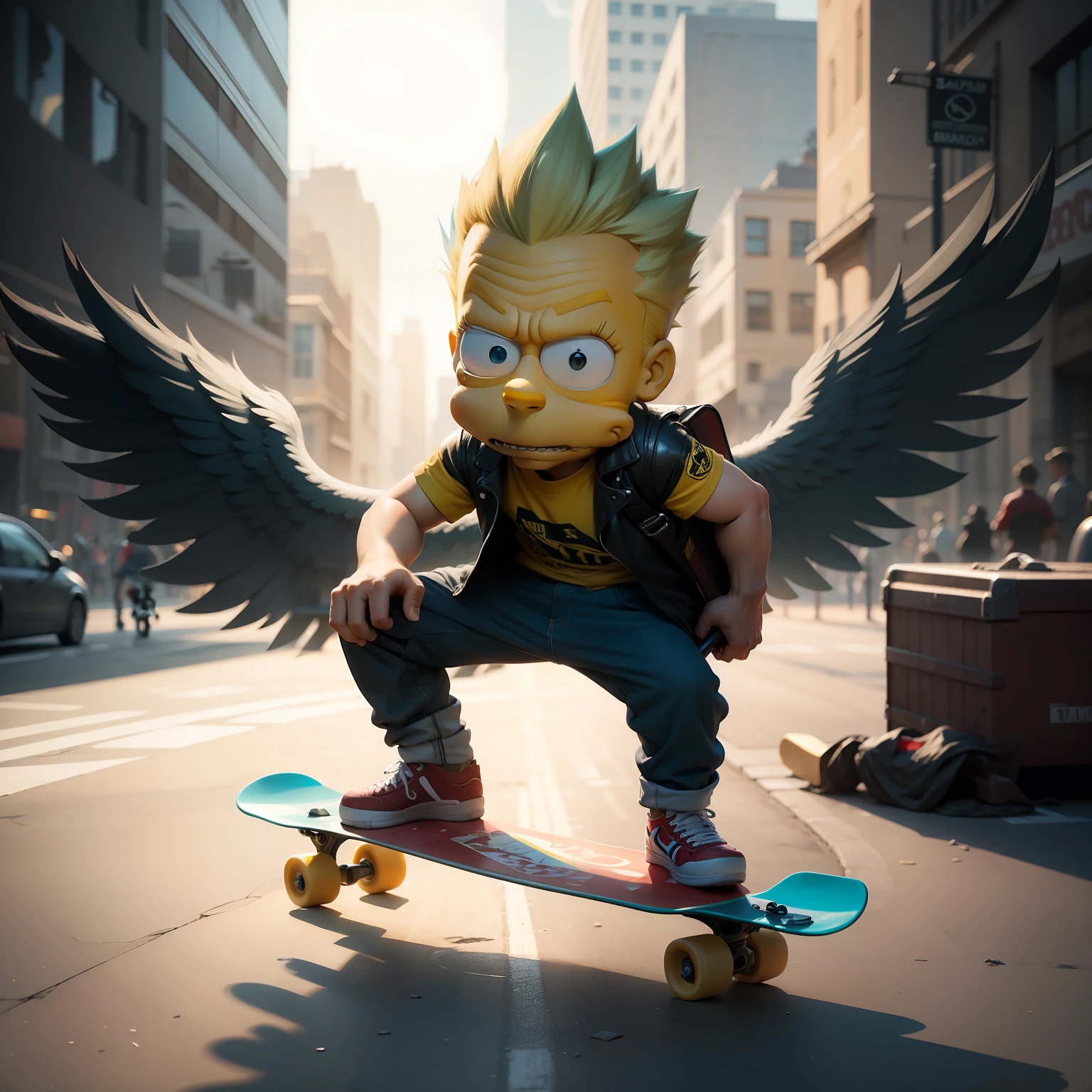 Bart Simpson, on a skateboard with wings, concept art, 4k