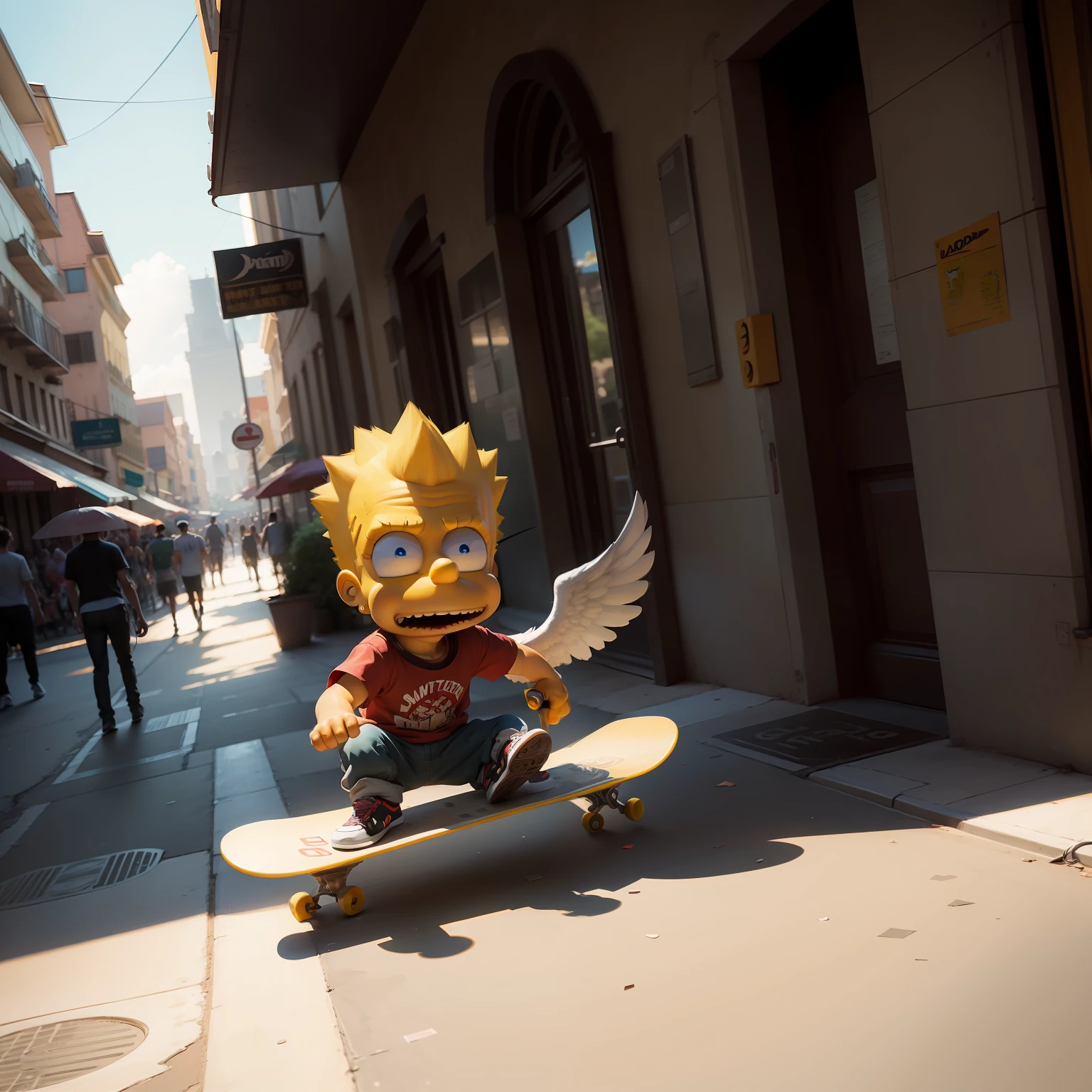 Bart Simpson, on a skateboard with wings, concept art, 4k