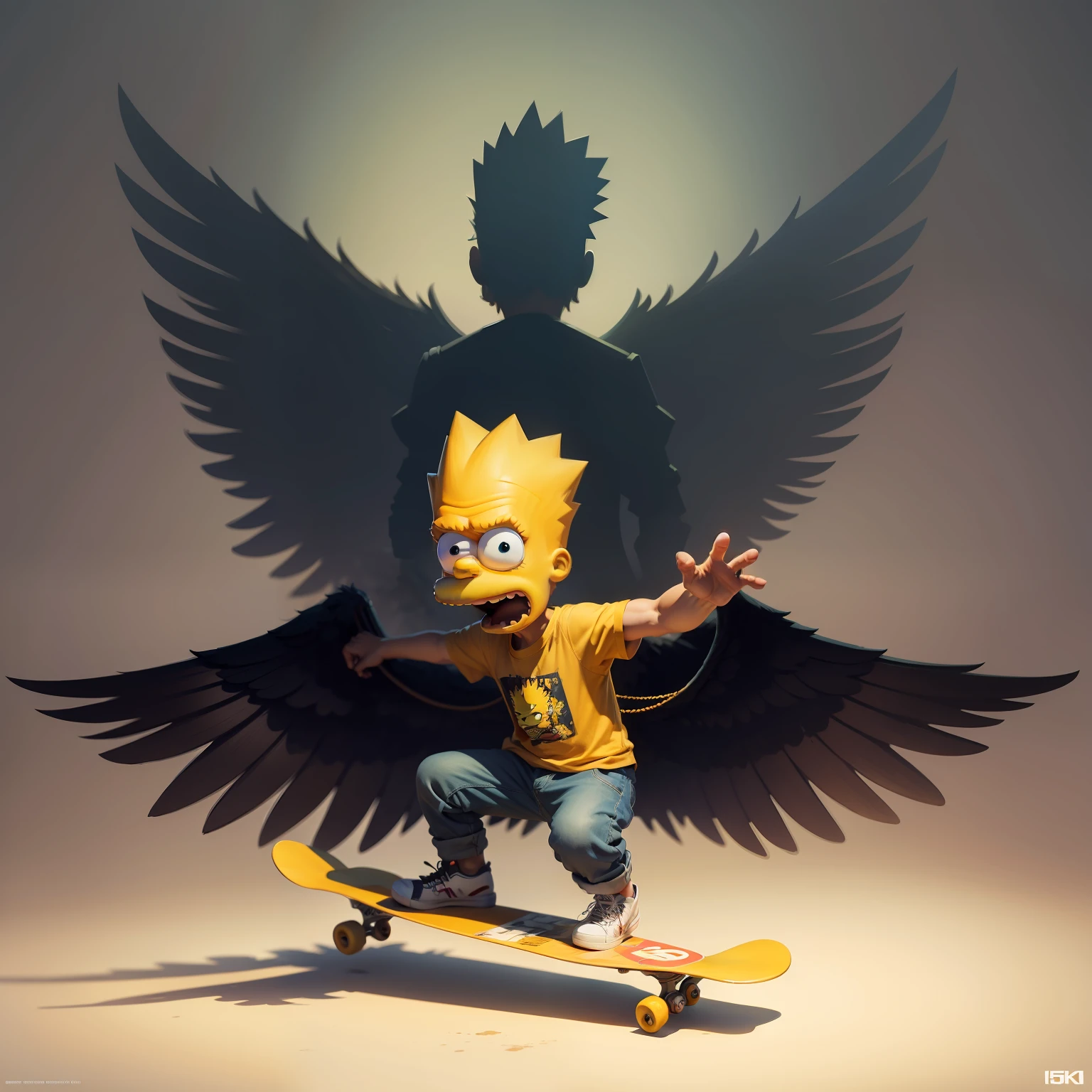 Bart Simpson, on a skateboard with wings, concept art, 4k