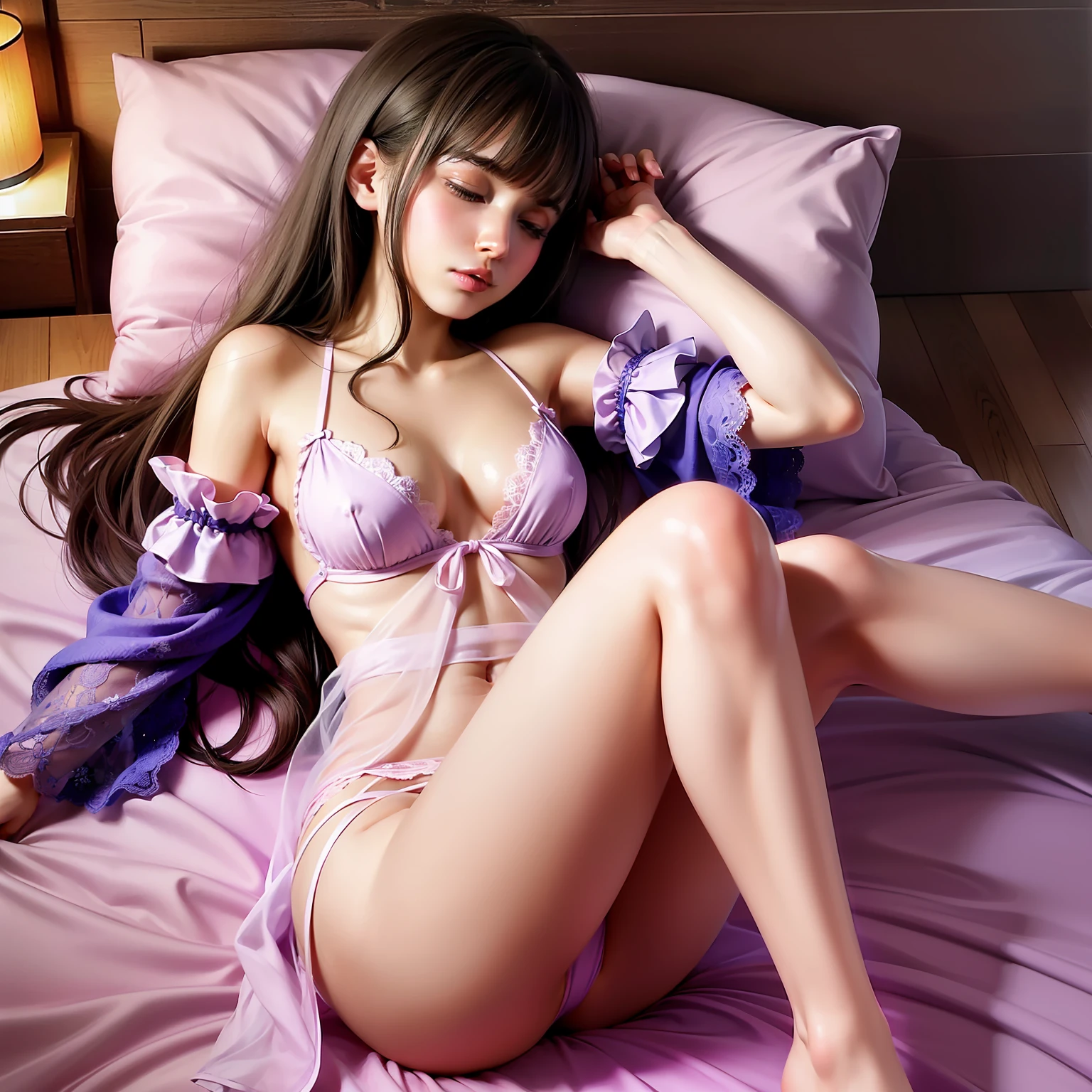 ((Super High Quality)), ((20-year-old female)), ((Wake up)), ((One person)), ((No underwear)), ((Nightgown)), ((Poor sleep)))), ((Skin is visible)), ((Clothes curled)), ((The skin is transparent))), ((Nipple shape protruding))), ((Breasts are small)))