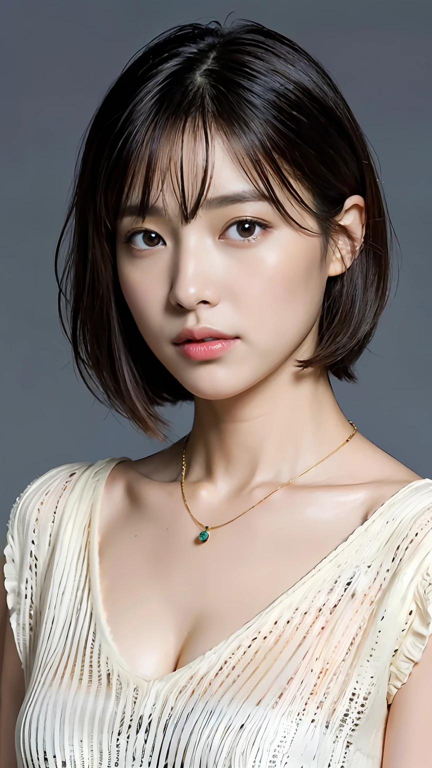 (Best quality, 8k, 32k, Masterpiece, UHD:1.2),Photo of Pretty Japanese woman, large breasts, very short bob hair,upper body,face focus,oversized_sweater, necklace, simple background, from above, looking at viewer,