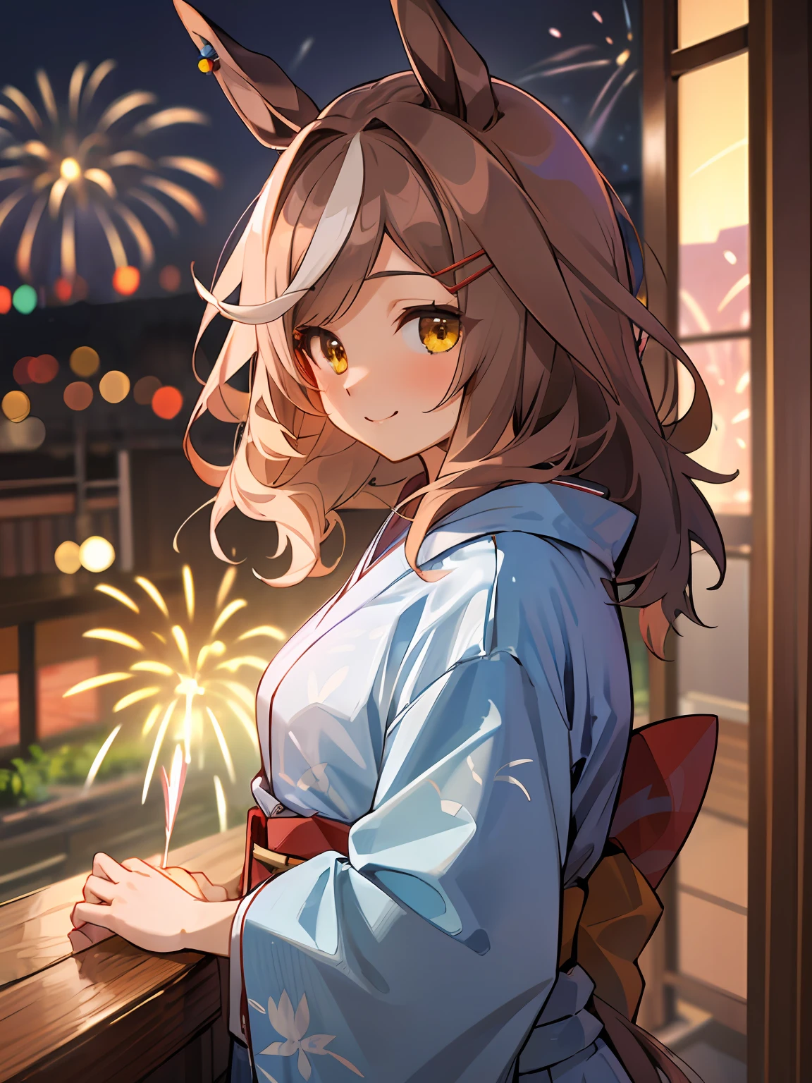 ((​masterpiece、top-quality))、((Blue yukata:1.4))、 ((Patterned yukata, Geta), kimono、Marl、horse ear、Horse Girl、brown haired、yellow  eyes、 Gentle smile, Fireworks in the night sky, fireworks at background, 、modest tail、dynamicposes