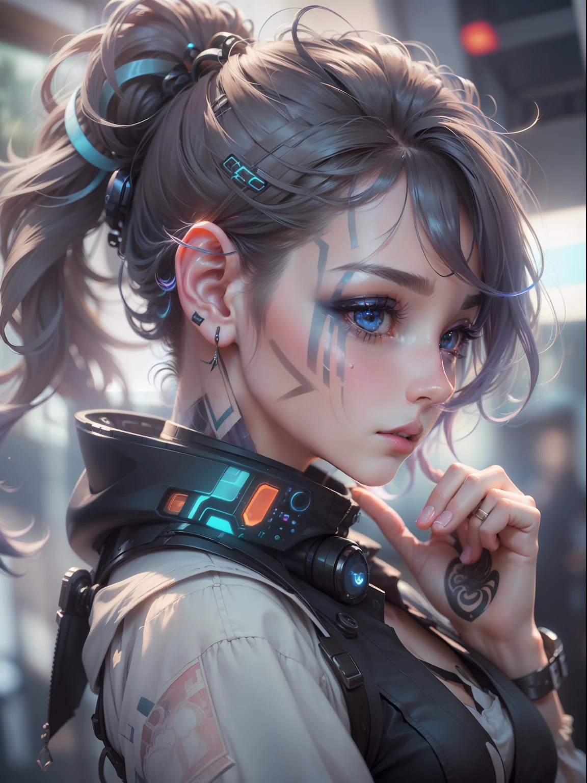 (((​masterpiece)))、(((top-quality)))、((ultra-definition))、(High Definition CG Illustration)、((extremely delicate and beautiful))、Cyber City、Cinematic Light、Girl with shearing hairstyle、Unconventional、Cyber Girl、2080s、animesque、girl with、facepaint、face tattoos、trending on artstationh、Rachel Walker