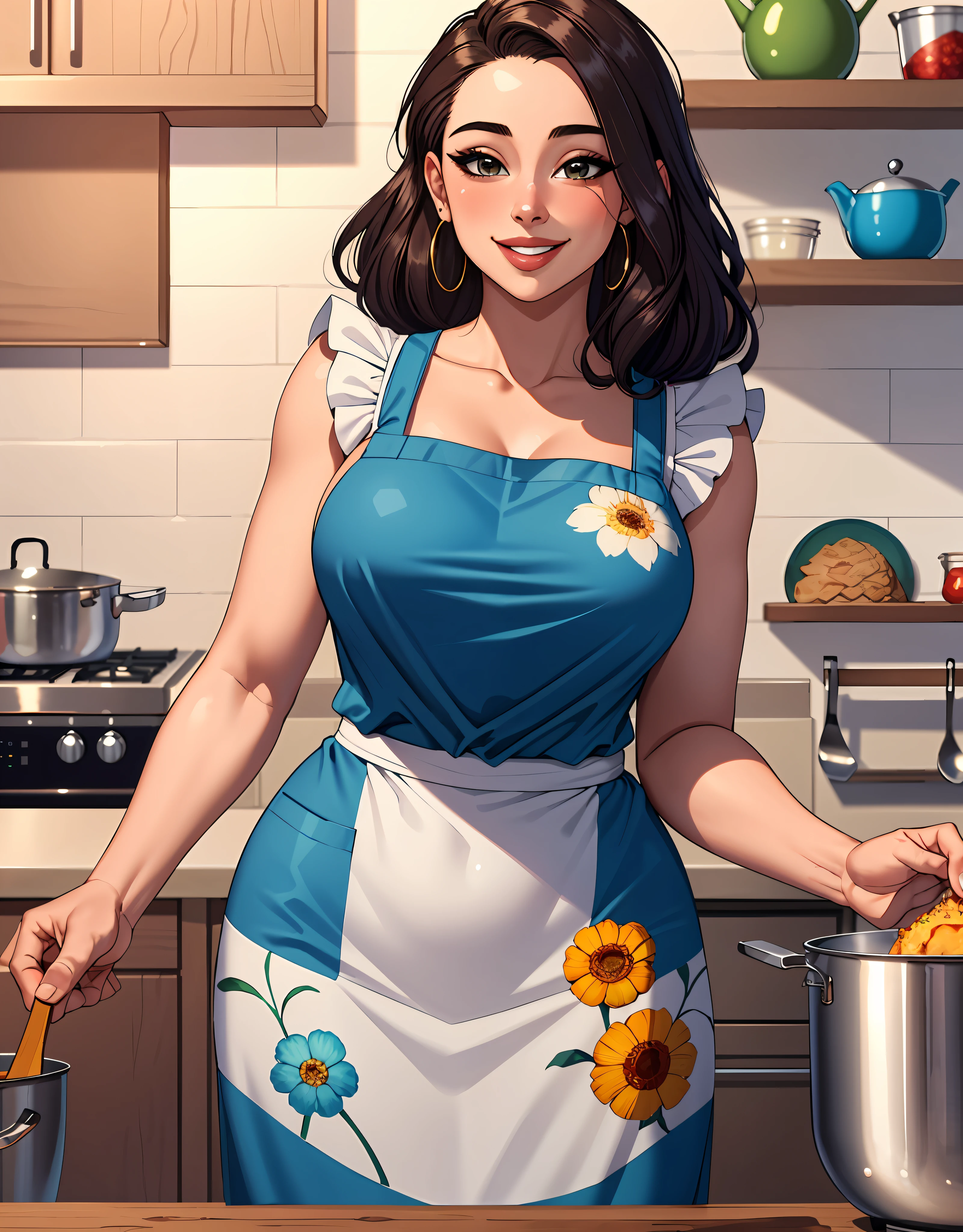 (Best Quality, Masterpiece), women's cooking, 1girl, 25 years old, stunning, cute, heartwarming smile, hourglass figure, wearing floral dress, pinny apron, beautiful food