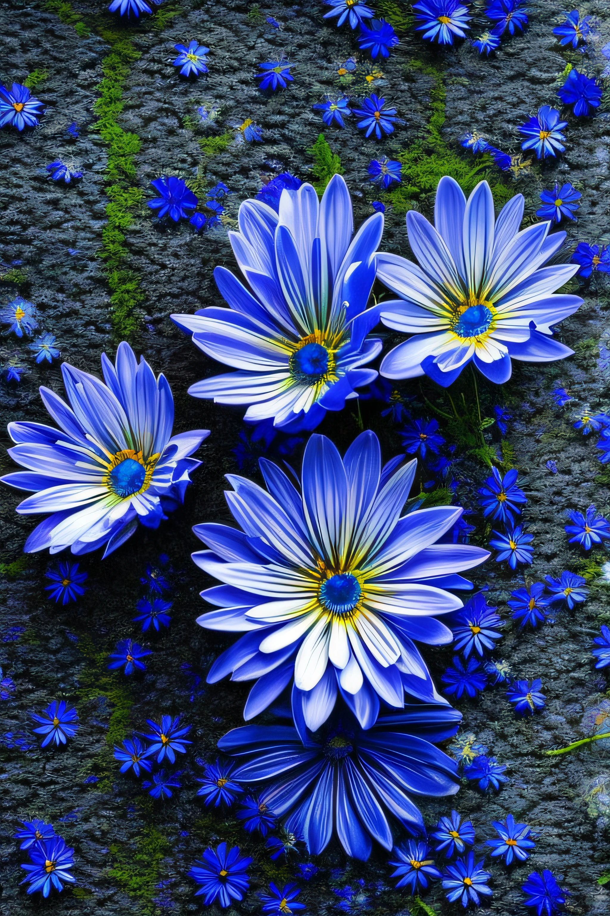 Top view "uma obra-prima de alta qualidade, com detalhes hiperrealistas, Top view  [1]flor azul em um fundo azul vibrante. The blue petals are represented to perfection, transmitindo um senso de realismo. Photography is done with fine-grained Fujifilm, adding more texture and depth to the image."