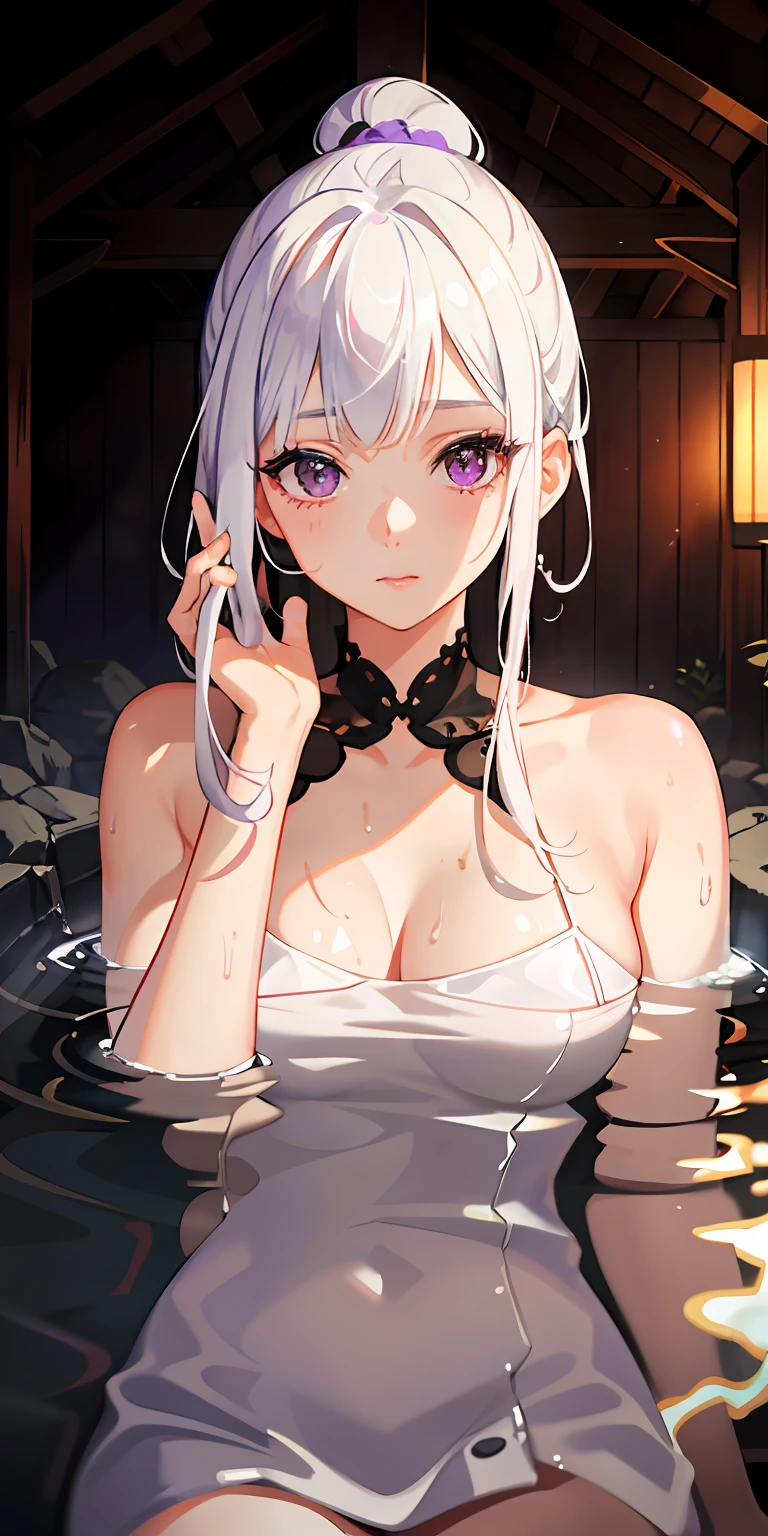 1girl, White hair, Purple eye, sportrait, photorealestic, Towels, (onsen), sidelighting, wallpaper, nsfw,IU