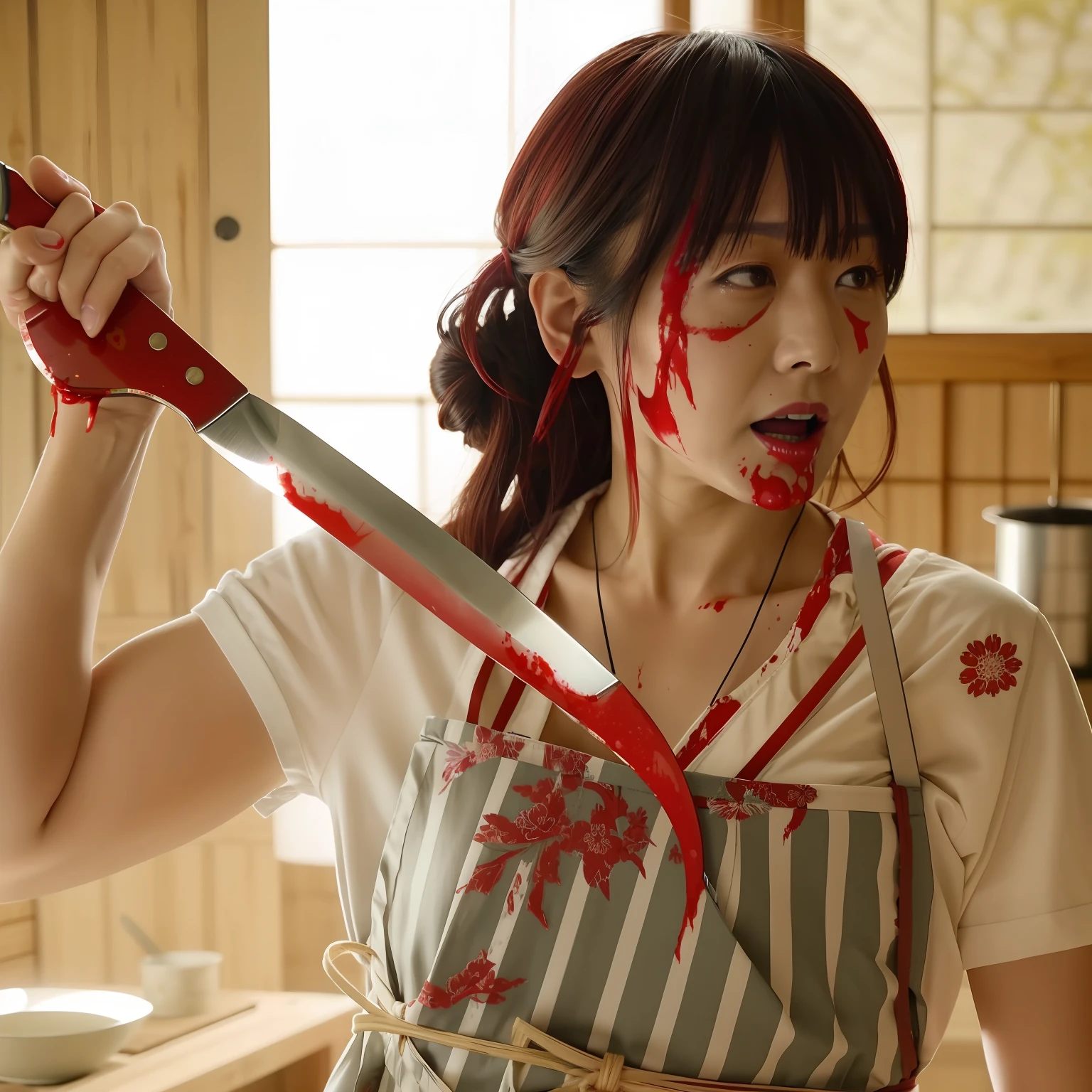 There is a woman holding a bloody knife in her hand, In a bloody apron, still from live action movie, Bloody knife, japanese horror, live action movie scene, bloody scene, japanese horror movie footage, junki ito, japanese live action movie, Holding a knife, holding knife, Japan Ryokan, Filled with anger, deadpan, Murderous,