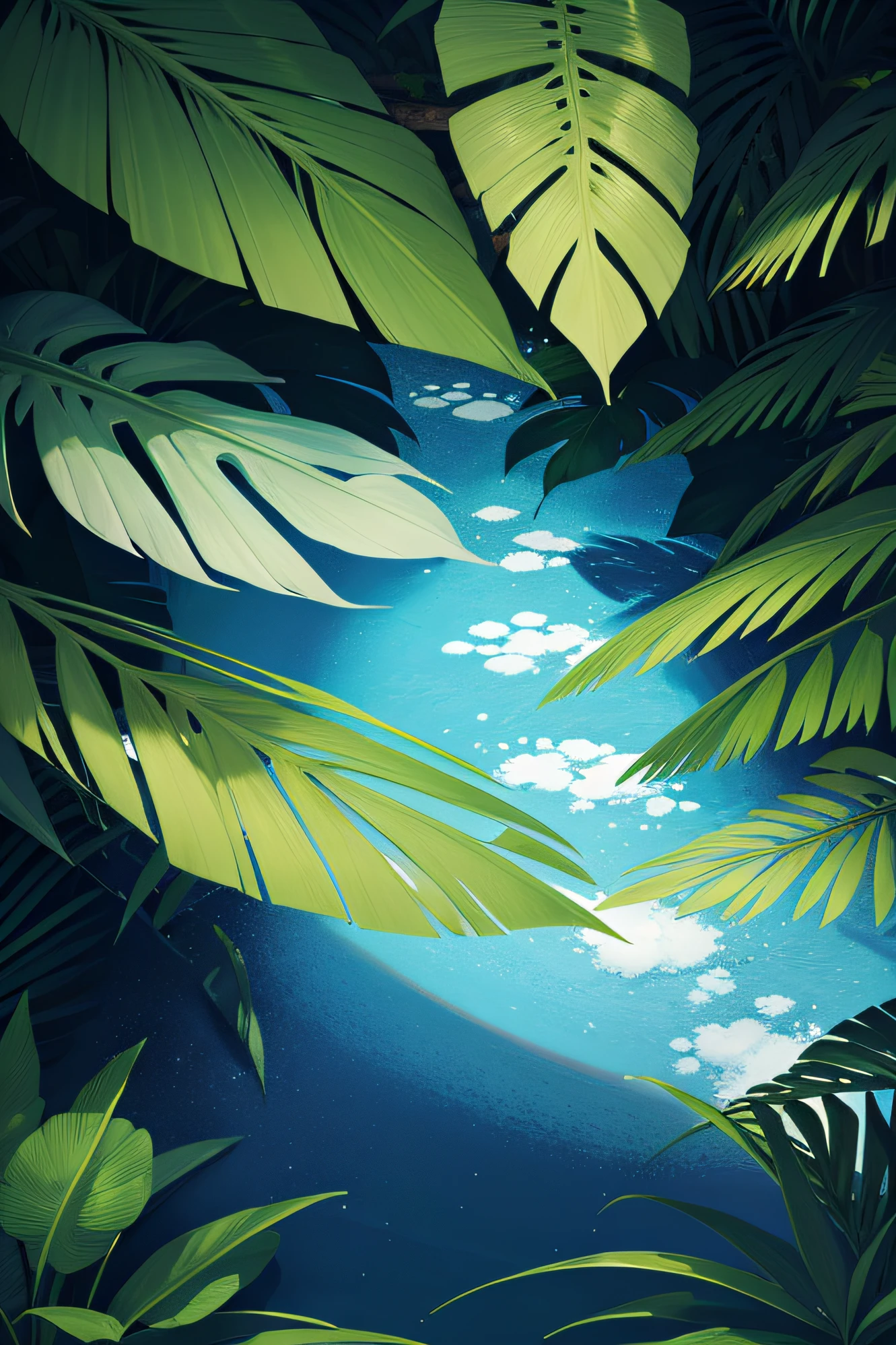 Cenario com fundo claro e somente floresta e plantas tropicais brasileiras, sem humanos, sem animais, plantas grandes, plantas brasileiras, fundo azul claro, ultrahd, ultra realista