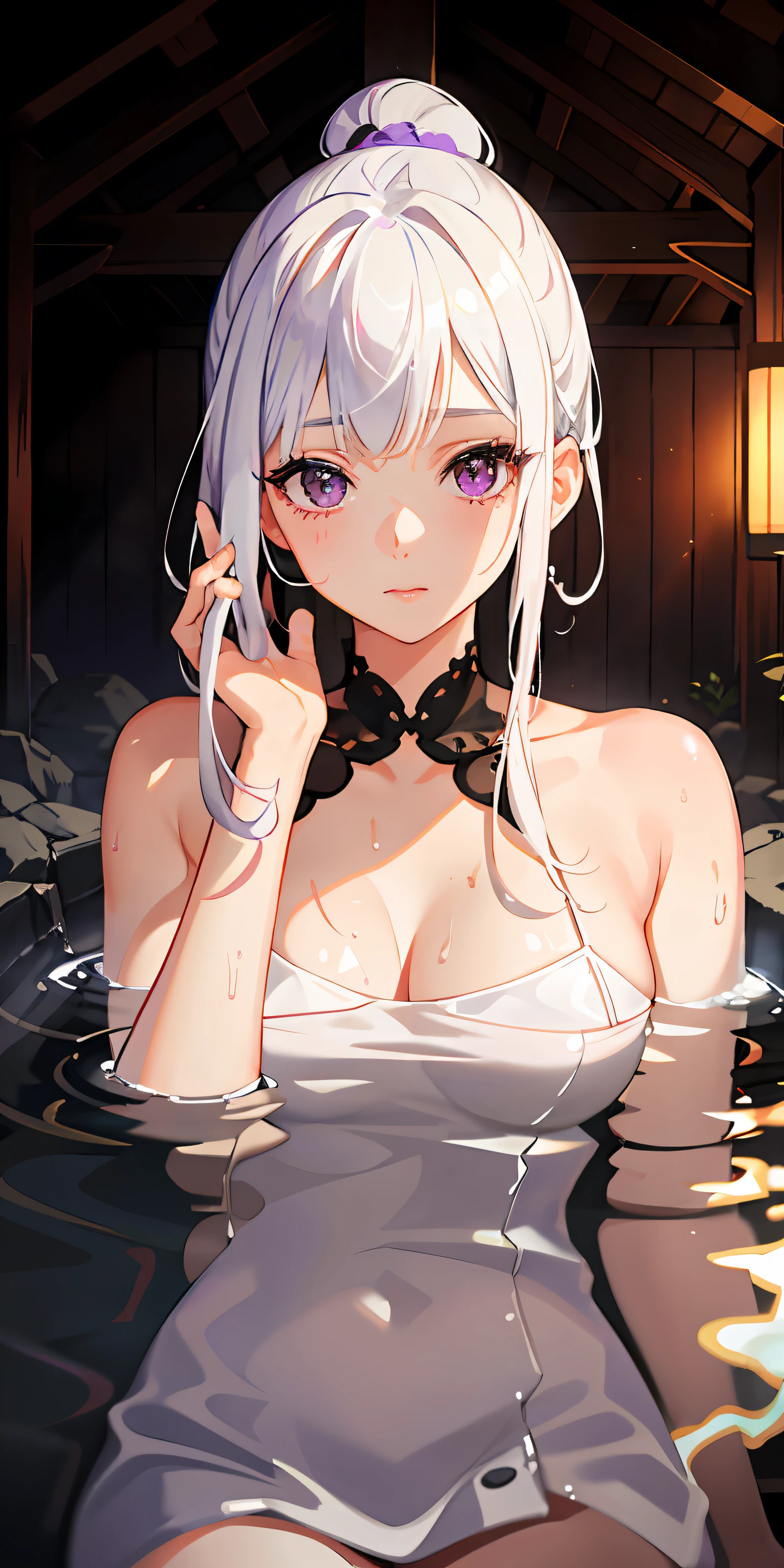 1girl, White hair, Purple eye, sportrait, photorealestic, Towels, (onsen), sidelighting, wallpaper, nsfw,IU