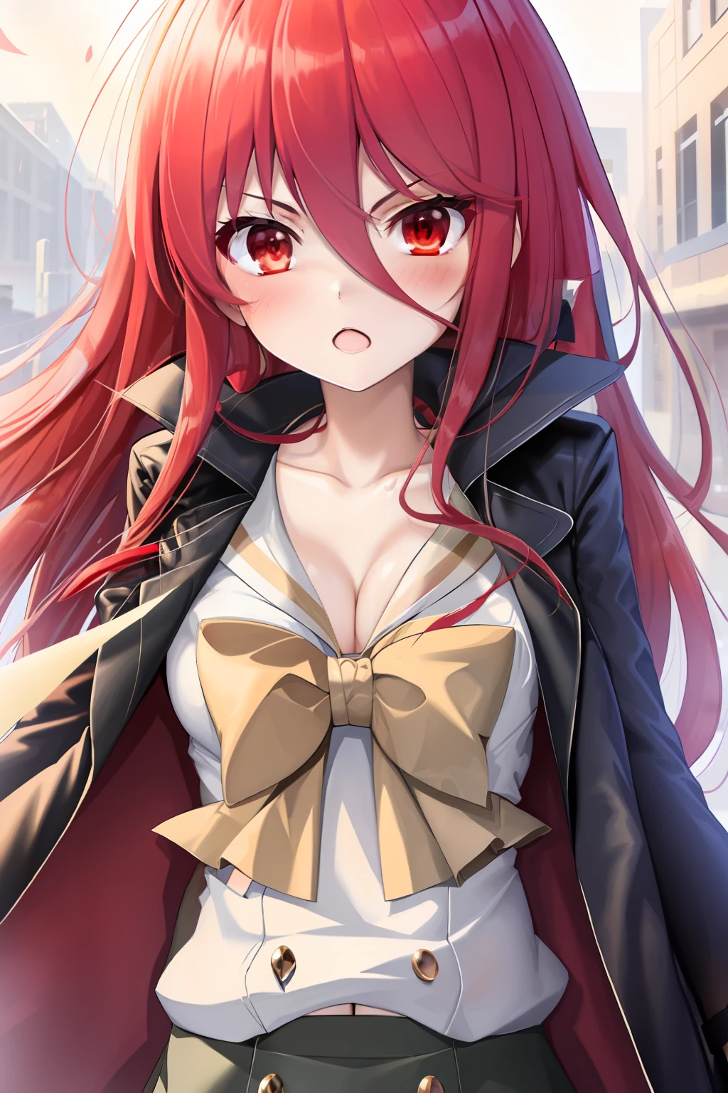 Masterpiece, Best quality,Extremely detailed Cg Unity 8K wallpaper, 
2girls,Shana,Red hair,Red eyes,long sleeves school uniform,Kiss，Lori huge breasts cleavage，s girl，Black hair，wind coat，Poor milk