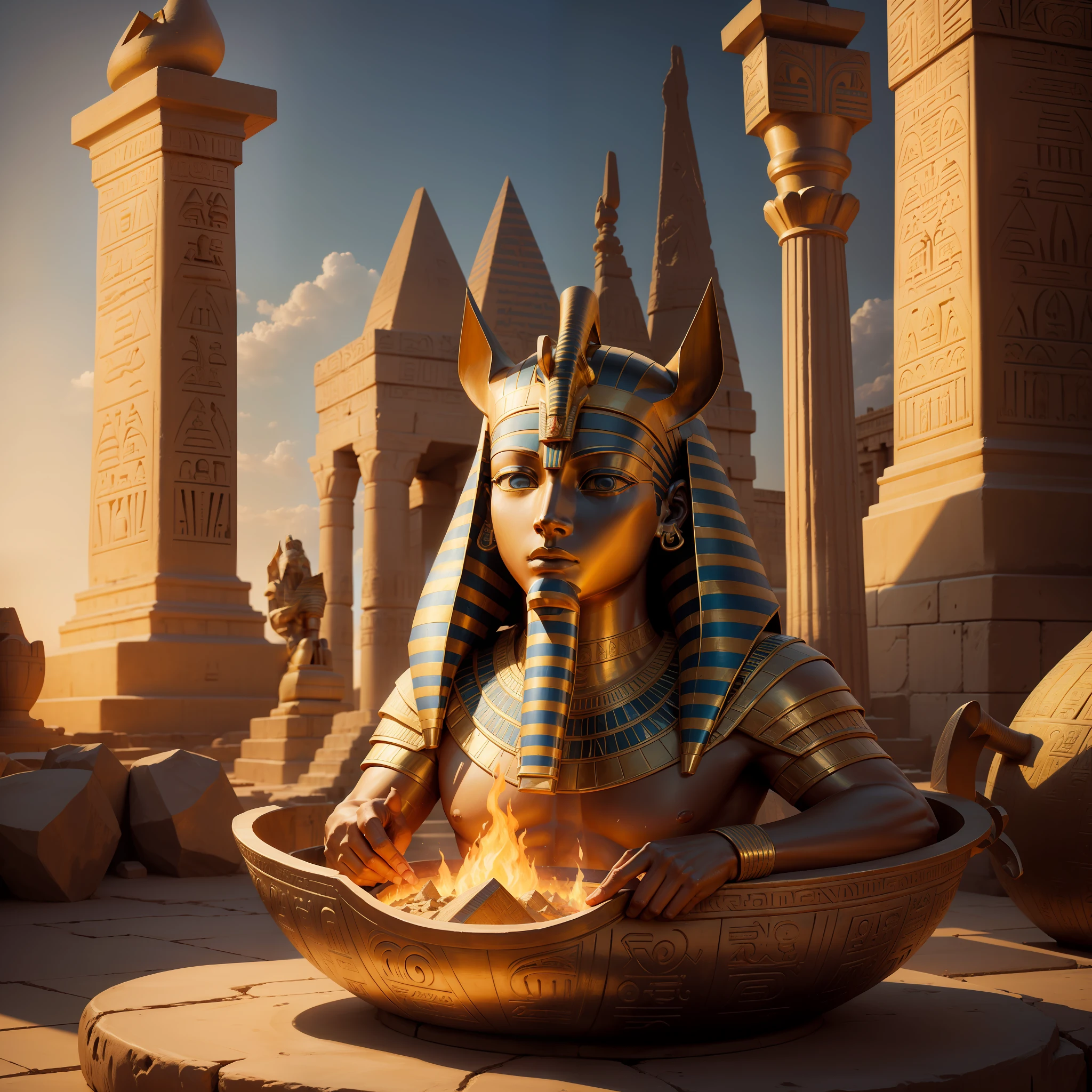 a close up of a statue of an egyptian pharaoh with a fire bowl, the egyptian god, egypt god, egyptian god, temple background, egyptian atmosphere, egypt themed art, egyptian setting, egyptian mythology, wind egyptian god, background depicting a temple, egyptian style, from egypt, egyptian symbolism, pharaoh, an ancient city on fire, ancient god, colorful city in ancient egypt