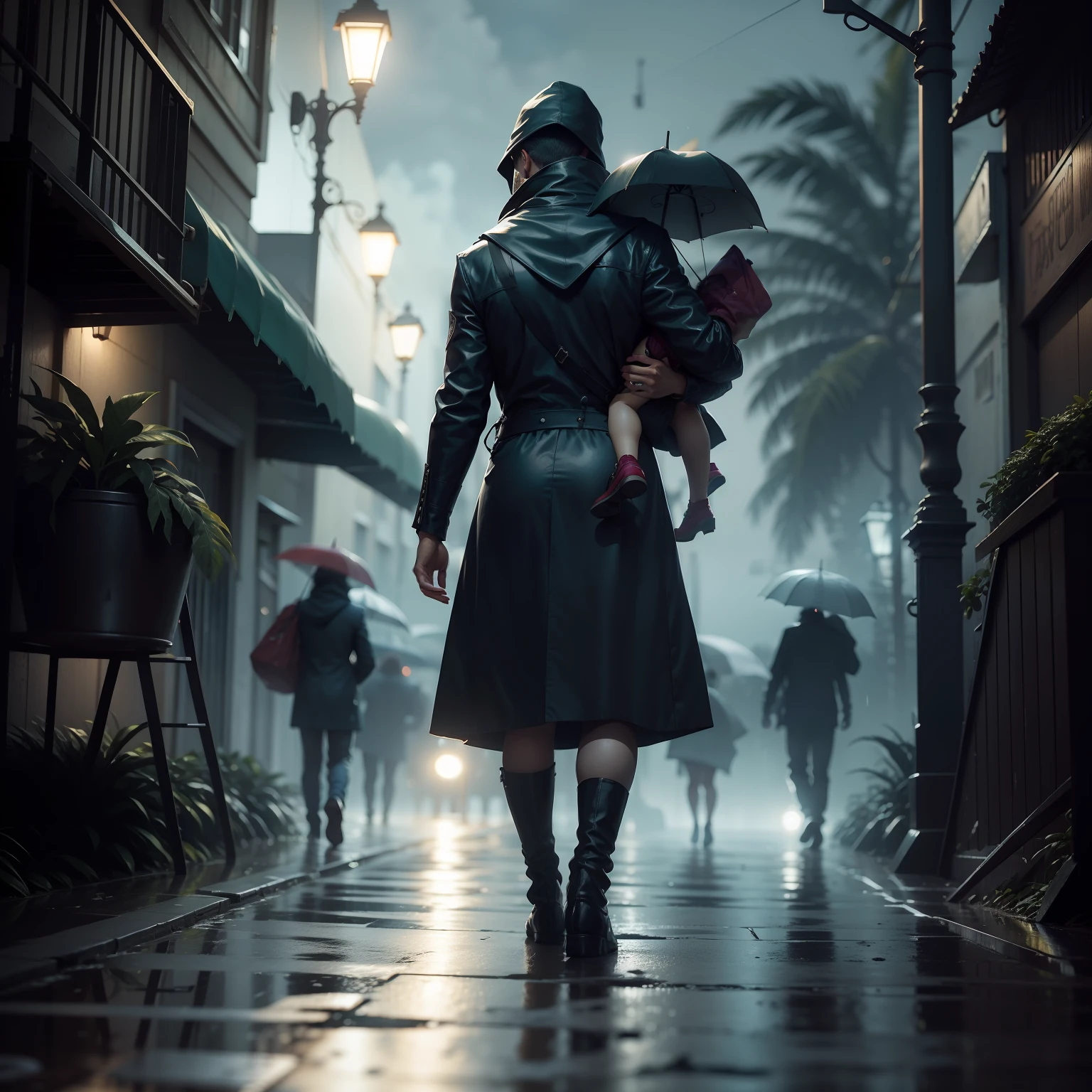 Velho andando na chuva em noite tenebrosa
