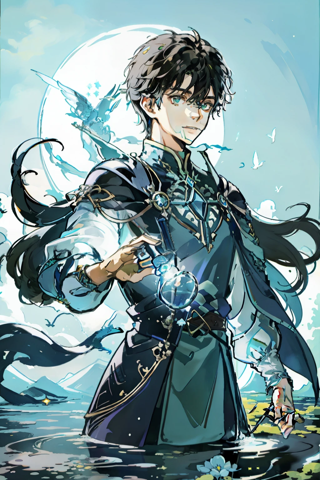 obra-prima, melhor qualidade, 1 masculino, adulto, adolecente, Tema escuro, Debaixo d'water, Espelho refletido, floating piece of glass, fantasy scenery , Starlight ao redor do personagem, Elfo, magic weapons
