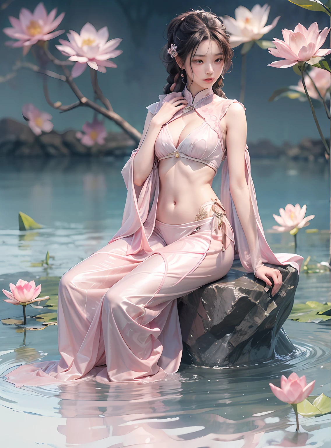 Art depicts a charming woman,Large breasts,Dressed in a flowing manner、Silky traditional oriental dress,In pink,Tight translucent clothing,Tight translucent pants,Decorated with intricate patterns and bright colors。Her dress draped elegantly over her curvy figure,Highlights her seductive silhouette。She stands gracefully by the tranquil Lotus Lake,bathed in the soft glow of the moonlight。The scene exudes an ethereal and dreamy atmosphere,With a touch of mystery and sexiness。The image style incorporates watercolor and digital illustration techniques,It evokes a refined beauty and charm。The lights are filled with soft moonlight,casting soft highlights and shadows on her charming features。Bare thighs,Wear tight translucent pants,Bigchest,Three-dimensional facial features,sitted,your legs,Side braids