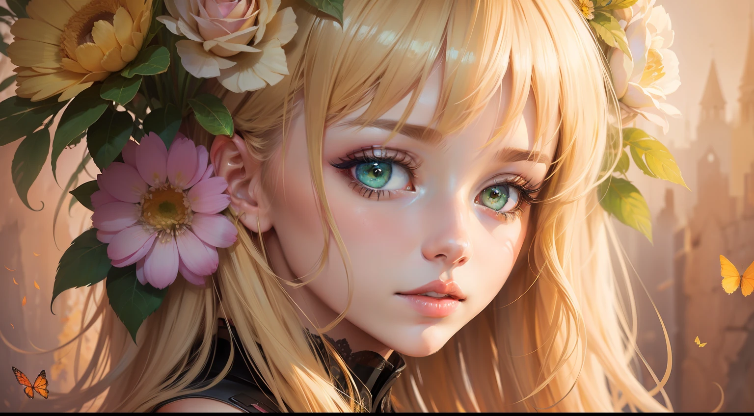 Generates a sweet loving beautiful adorable innocent blonde, green eyes teenager style Yossi Kotler unique masterpiece Yossi Kotler, yacek yerka Josephine wall without watermark Catherine Abel,Yossi Kotler!!!flowers multicolored butterflies