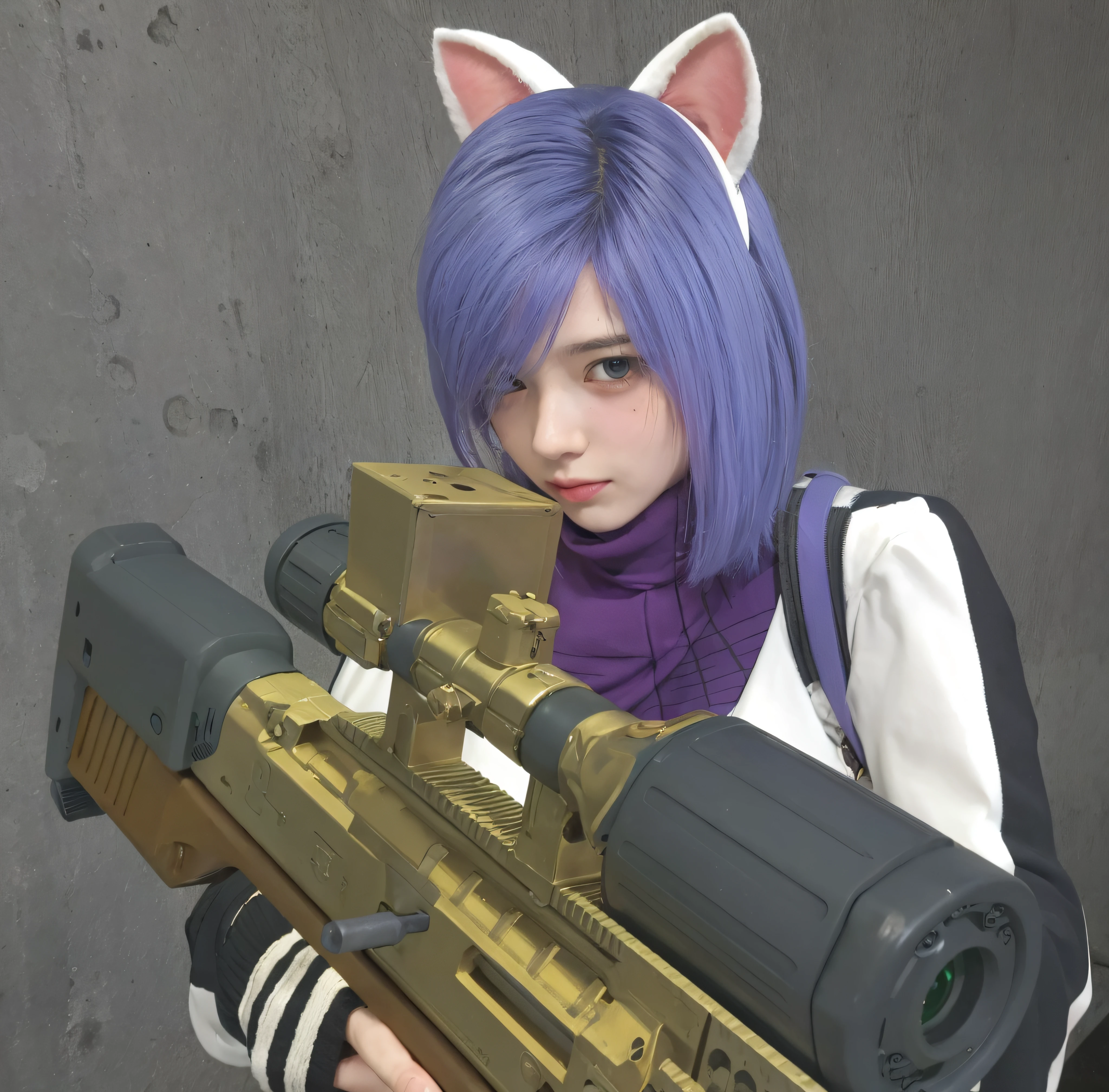 Imagem de uma mulher com uma arma e uma orelha de gato, com fuzil, maple story gun girl, M4 SOPMOD II Meninas Linha de Frente, com pistola, gatinha, Espeon com um franco-atirador, Someone, segurando um blaster, holding sci-fi rifle, Anime metralhadora de fogo, Nekomimi, segurando fuzil, segurando um mp7, pessoa com pelo roxo, Motor irreal : : maquiagem, Retrato de Jinx de Arcane, menina atraente, gatinha, gatinha jovem bonita, com o rosto muito detalhado,