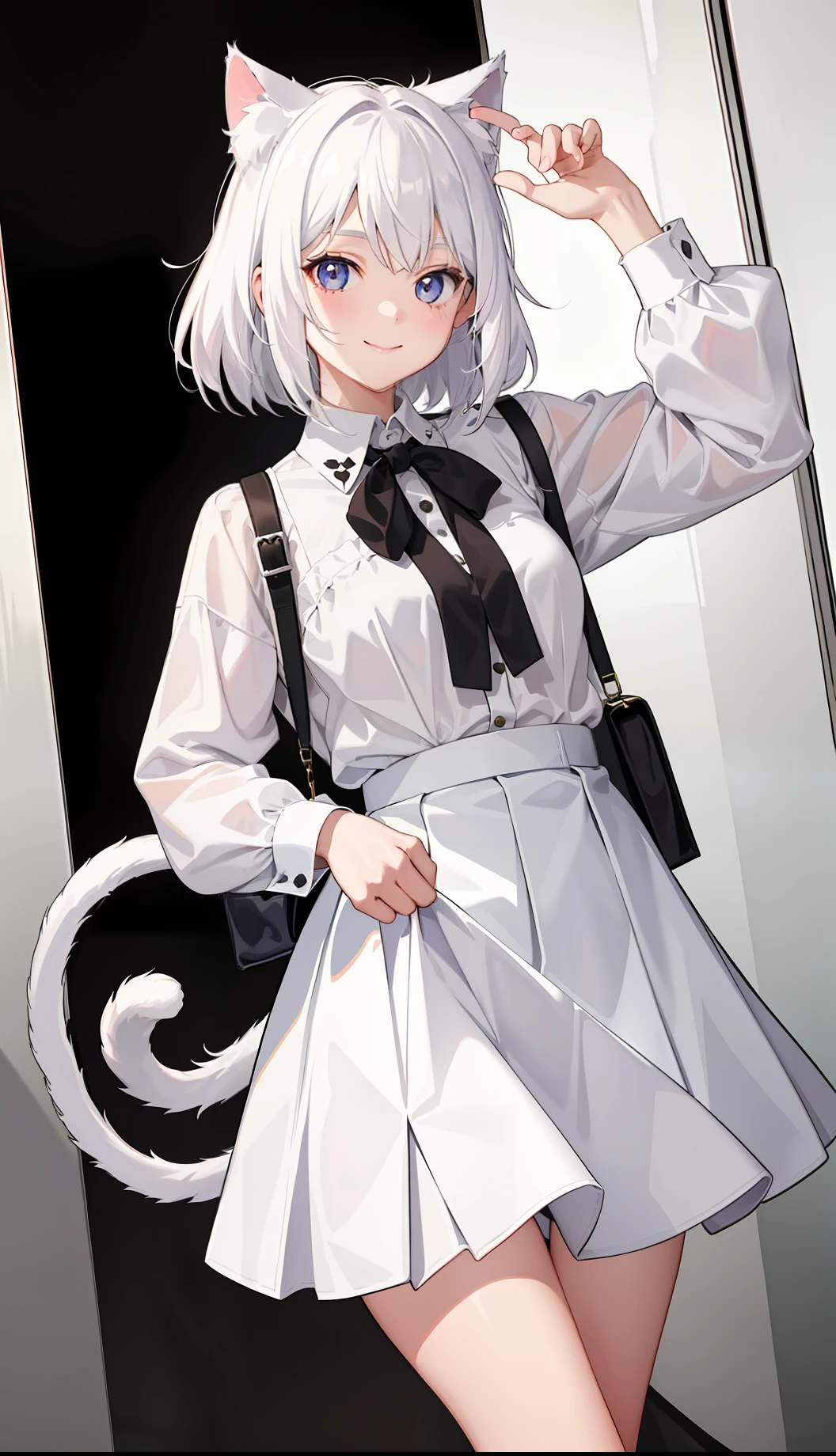 1girl in、A smile、The shirt、Blouse、skirt by the、（small tits）Chilarism、movement、white  hair、cat ear、