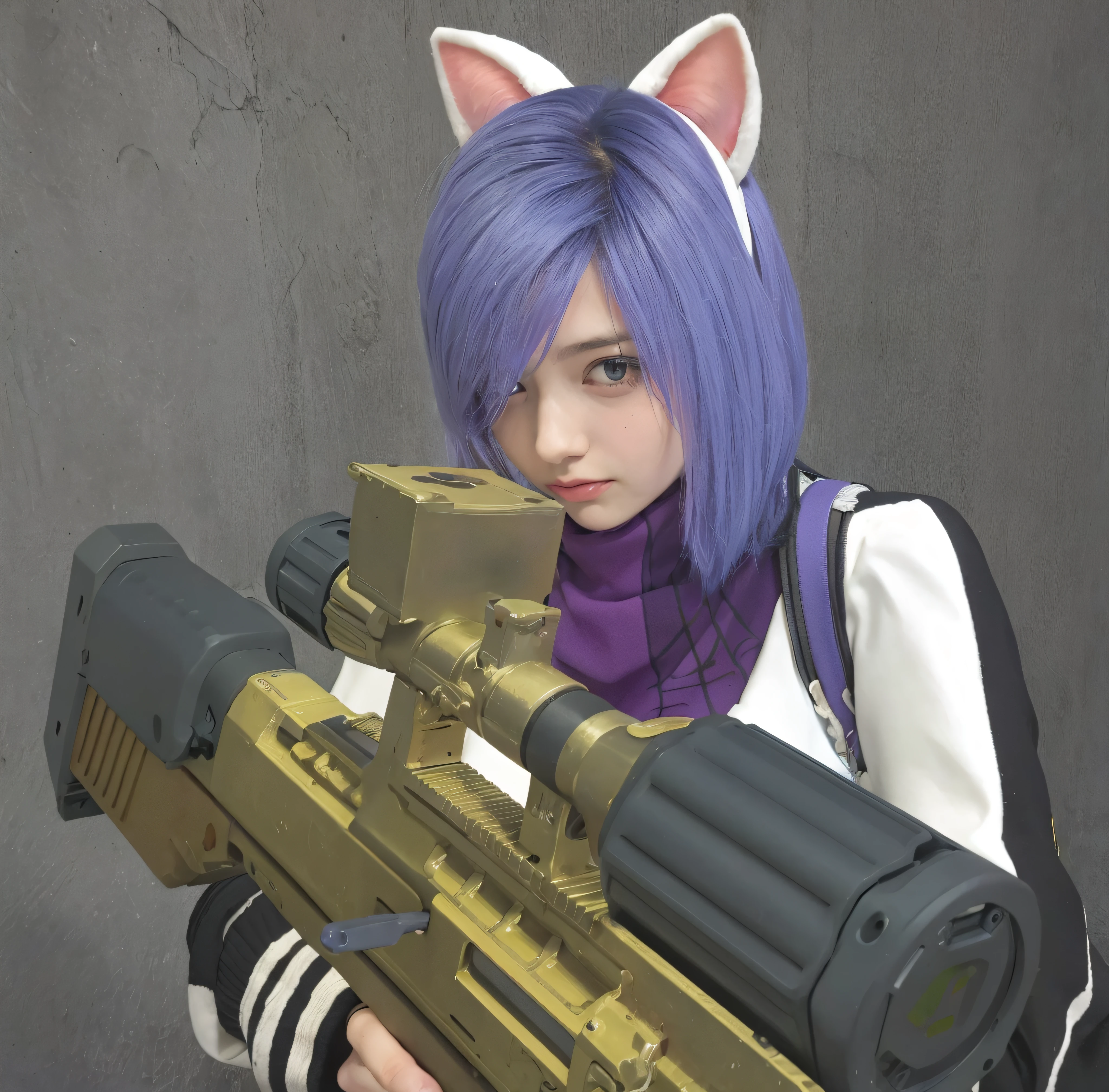 Imagem de uma mulher com uma arma e uma orelha de gato, com fuzil, maple story gun girl, M4 SOPMOD II Meninas Linha de Frente, com pistola, gatinha, Espeon com um franco-atirador, Someone, segurando um blaster, holding sci-fi rifle, Anime metralhadora de fogo, Nekomimi, segurando fuzil, segurando um mp7, pessoa com pelo roxo, Motor irreal : : maquiagem, Retrato de Jinx de Arcane, menina atraente,  gatinha, gatinha jovem bonita,  com o rosto muito detalhado,