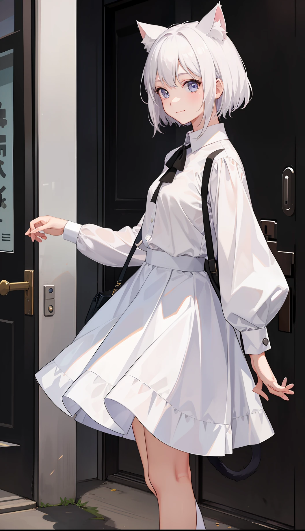 1girl in、A smile、The shirt、Blouse、skirt by the、(small tits)Chilarism、movement、white hair、cat ear、