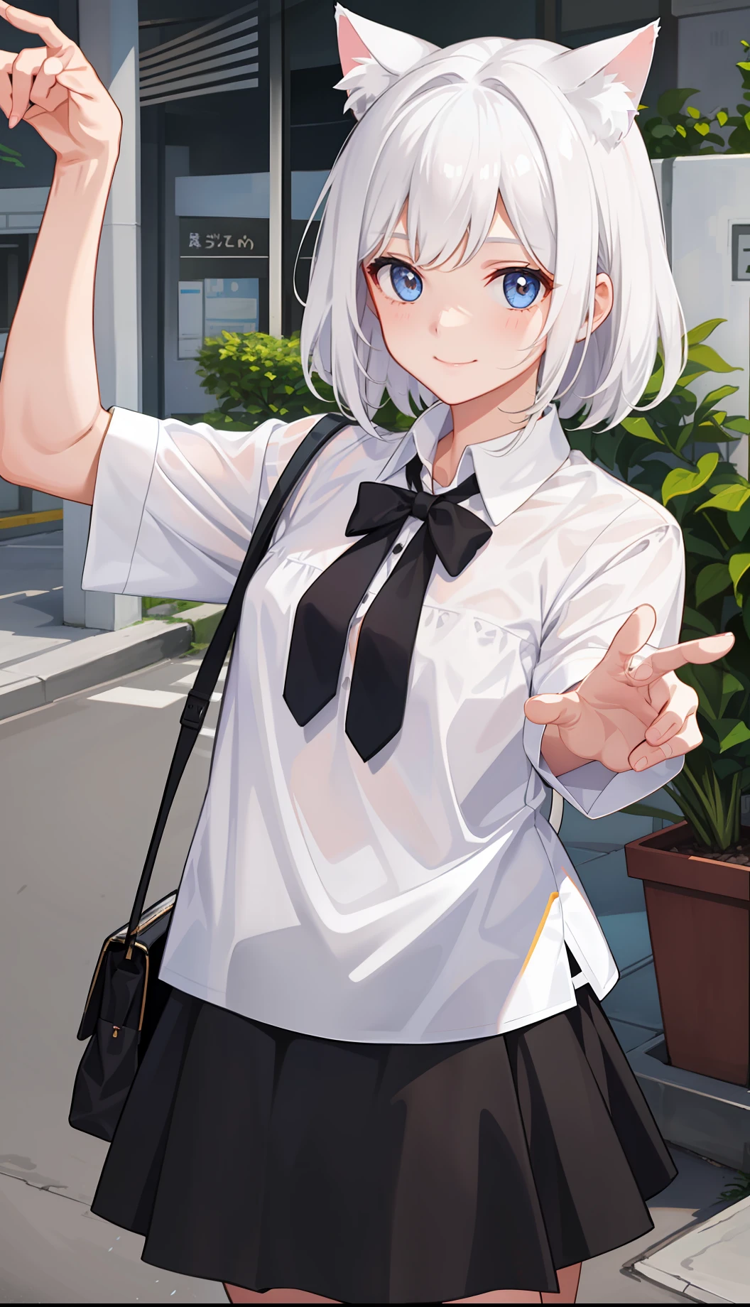 1girl in、A smile、The shirt、Blouse、skirt by the、（small tits）Chilarism、movement、white  hair、cat ear、