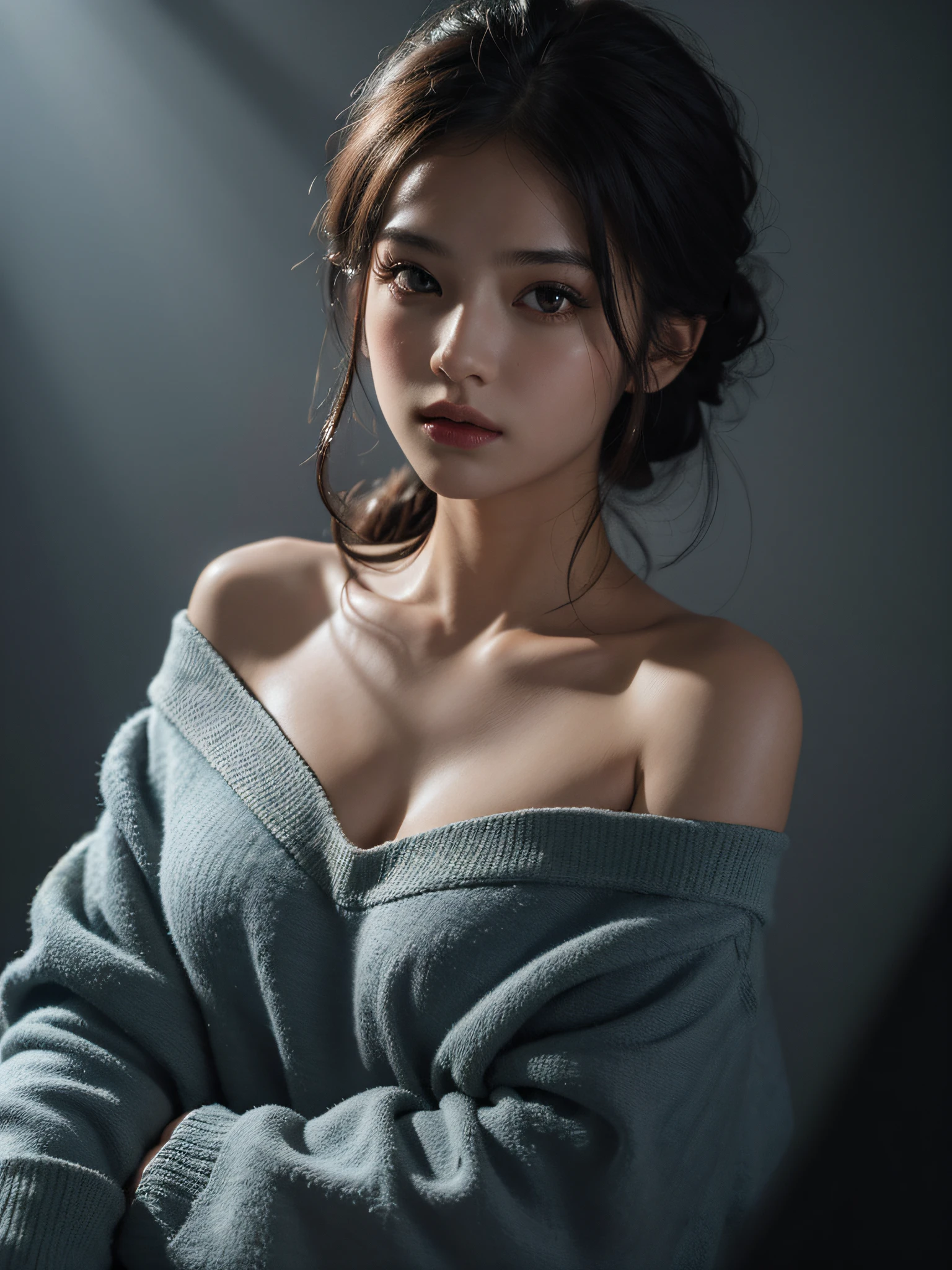 Best quality, masterpiece, ultra high res, (photorealistic:1.4), raw photo, 1girl, offshoulder, in the dark, deep shadow, low key, cold light