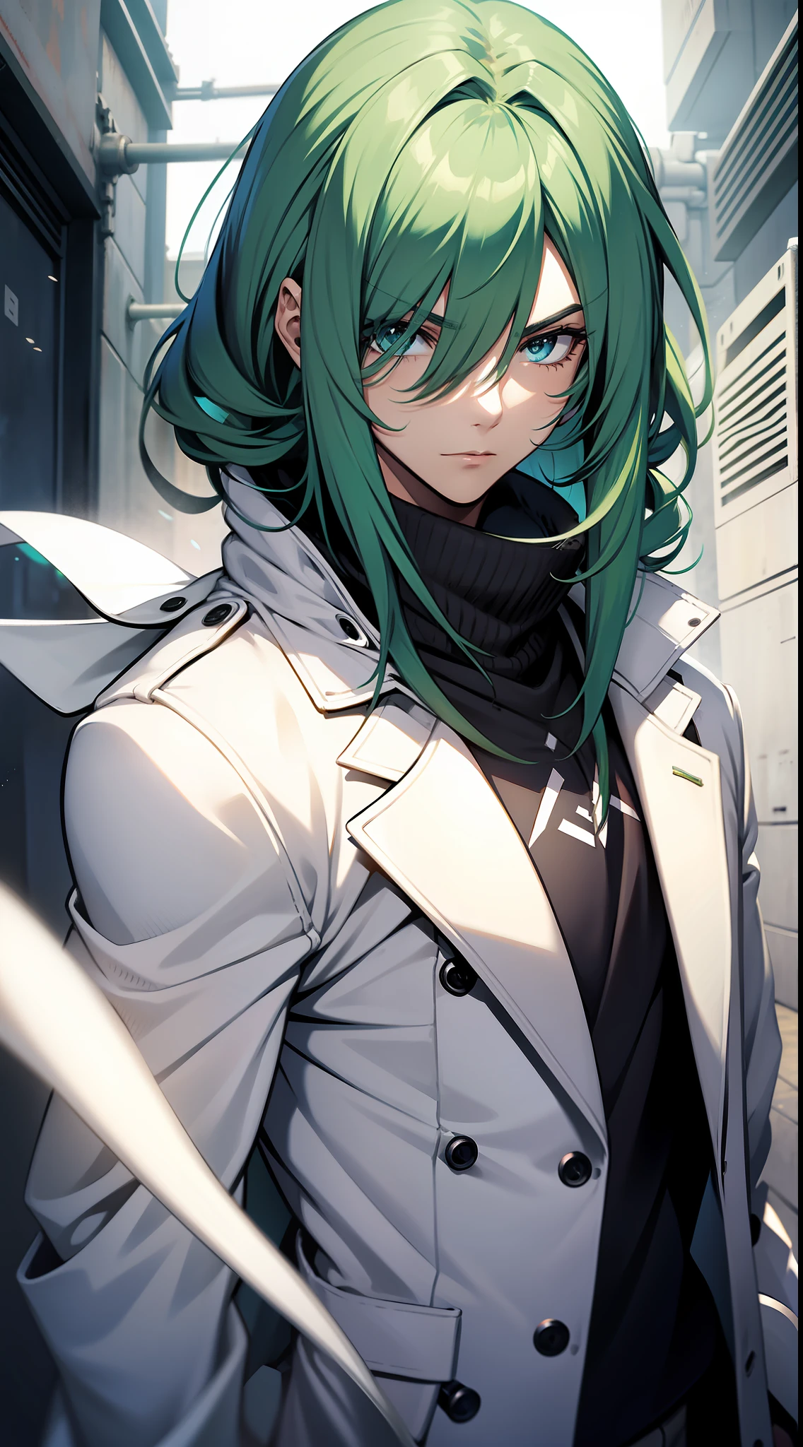 a guy with long green hair, wearing a white overcoat