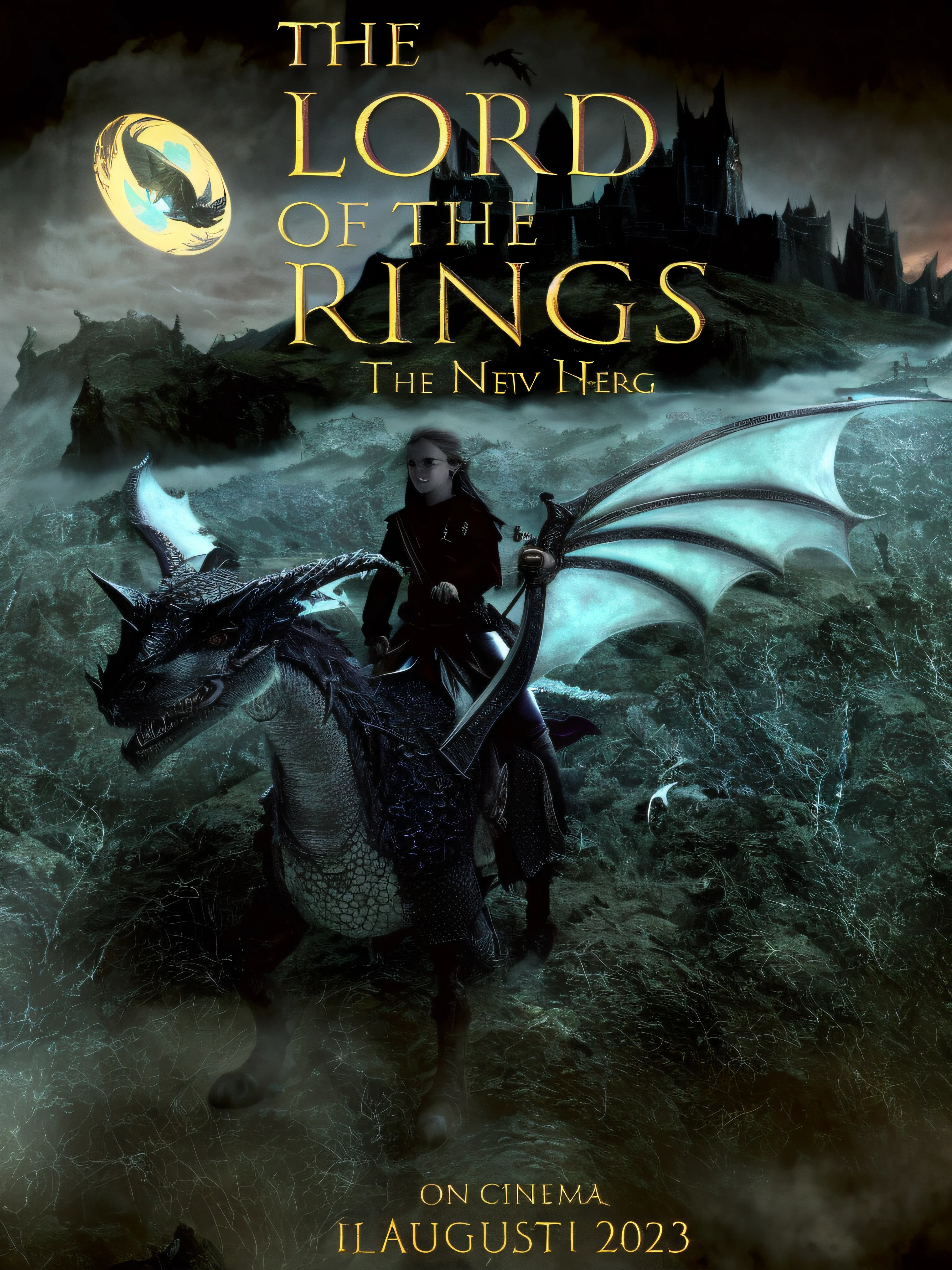 there is a poster of a young girl riding a dragon with a sword, litrpg novel cover, young adult fantasy novel cover, inspired lord of the rings, in style of lord of the rings, epic fantasy novel cover art, fantasy book cover, lord of the rings style, the lord of the rings, lotr fanart, lotr), lotr ), lord of the rings movie