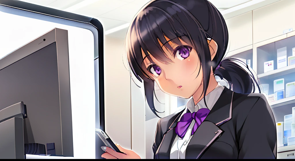 1girl, solo, cg art, sakaki, very short ponytail black hair, small to medium breast, purple eyes, (white pharmacist coat), (formal clothes), typing on computer, looking at viewer from left side, counter, outlet, pharmacy, sitting, lighting
