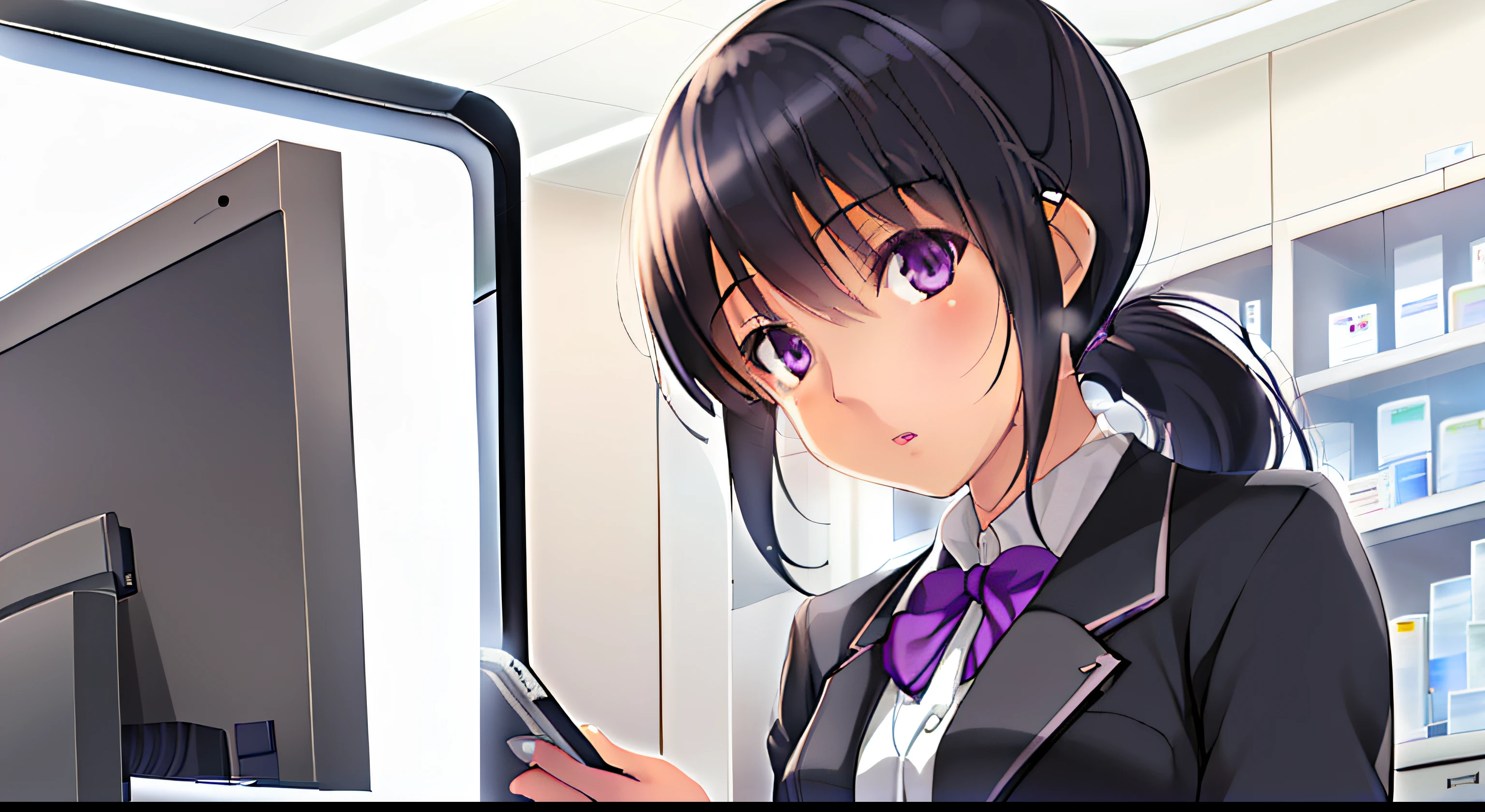 1girl, solo, cg art, sakaki, very short ponytail black hair, small to medium breast, purple eyes, (white pharmacist coat), (formal clothes), typing on computer, looking at viewer from left side, counter, outlet, pharmacy, sitting, lighting