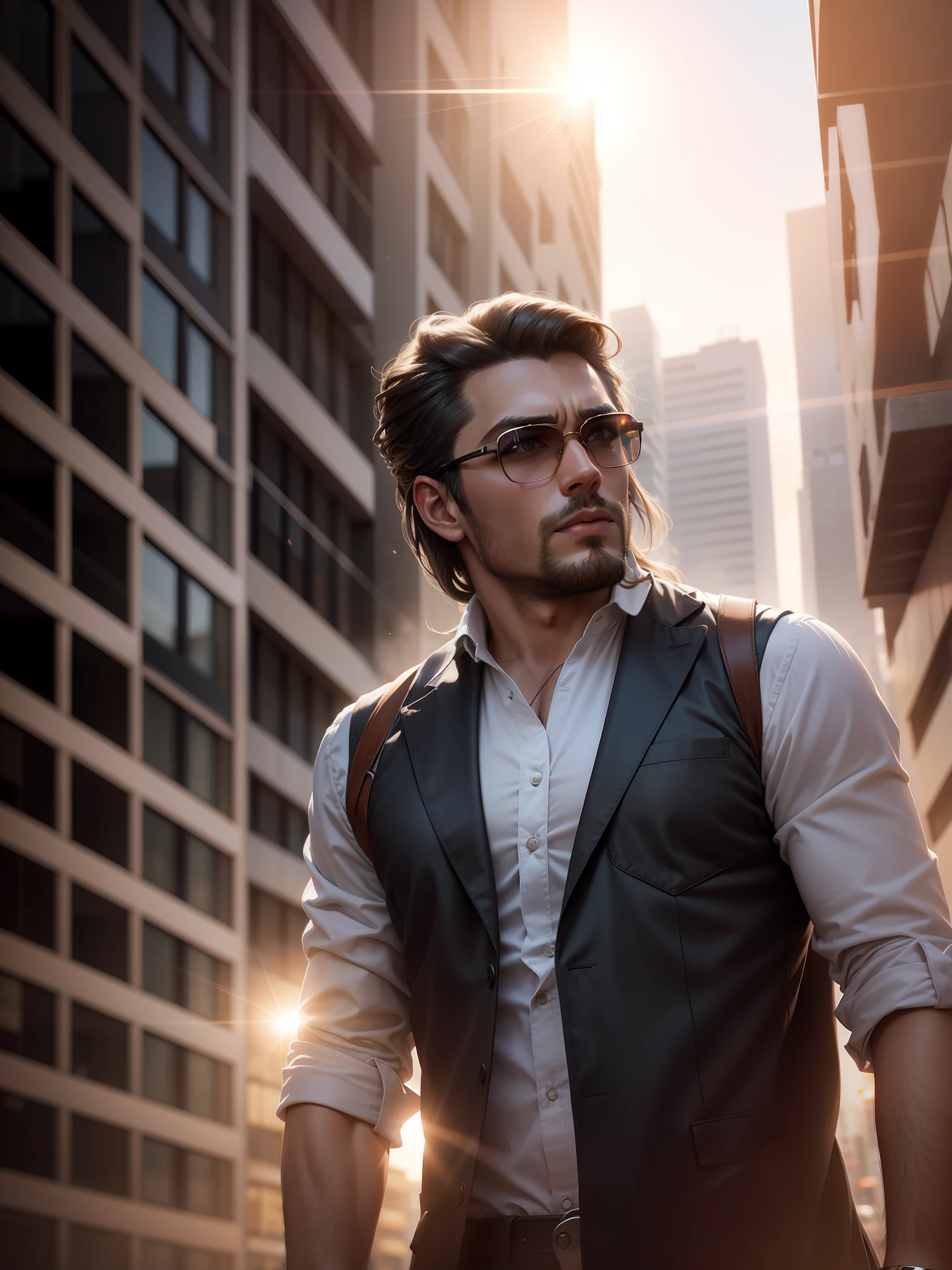Same face but Change the background into a modern city street with high rise buildings and beautiful sky, modern city, men long hair style according to the image hair cut, stylish outfit, modern stylish outfit, Hollywood movie style color grading, urban city, super ultra HD HQ quality, 4k, sharpness, realistic look, don't change face, beautiful sun lens flare from sky in the background
