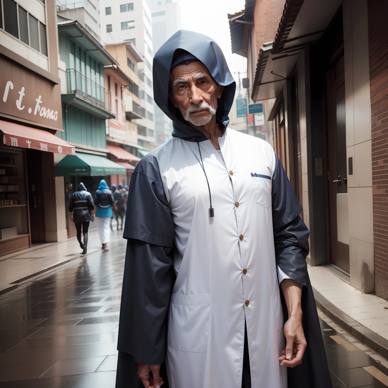 Criar homem com 80 anos de idade com roupas sujas sentado pensativo na chuva