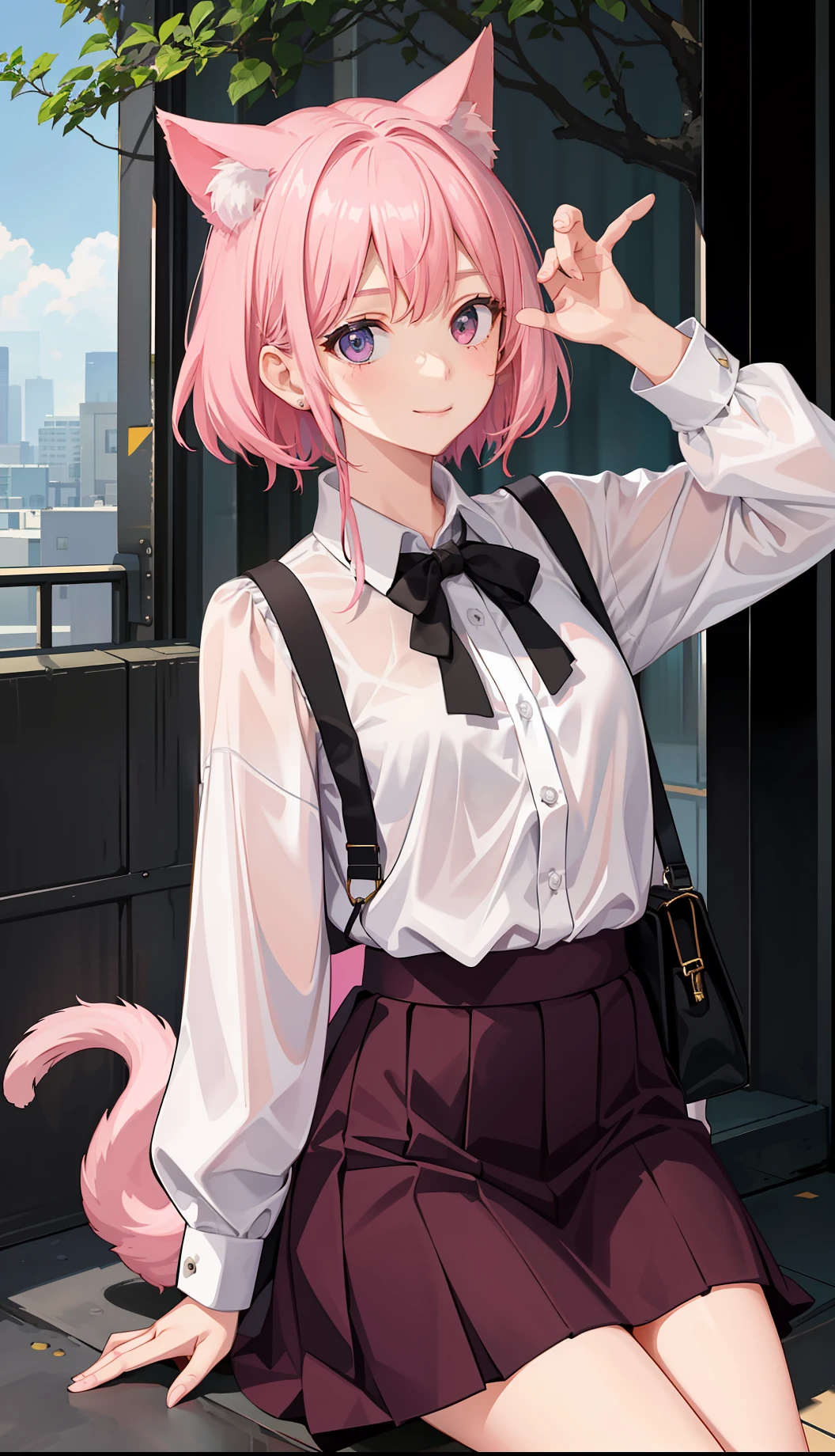 1girl in、A smile、The shirt、Blouse、skirt by the、（small tits）Chilarism、movement、A pink-haired、Cat's ears、