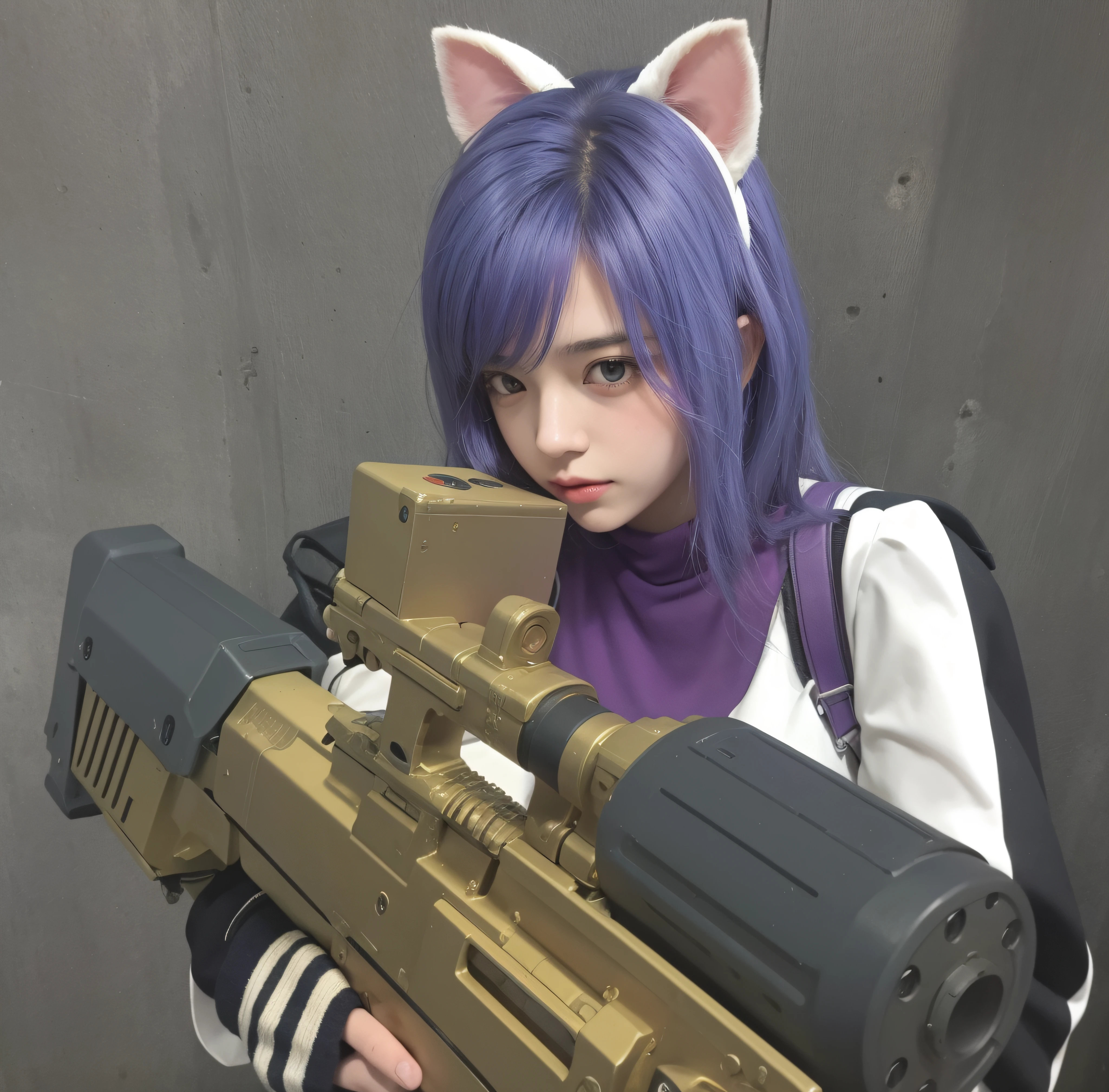 Imagem de uma mulher com uma arma e uma orelha de gato, com fuzil, maple story gun girl, M4 SOPMOD II s Linha de Frente, com pistola, gatinha, Espeon com um franco-atirador, Someone, segurando um blaster, holding sci-fi rifle, Anime metralhadora de fogo, Nekomimi, segurando fuzil, segurando um mp7, pessoa com pelo roxo, Motor irreal : : maquiagem, Retrato de Jinx de Arcane, meninante, gatinha, gatinha jovem bonita, com o rosto muito detalhado,