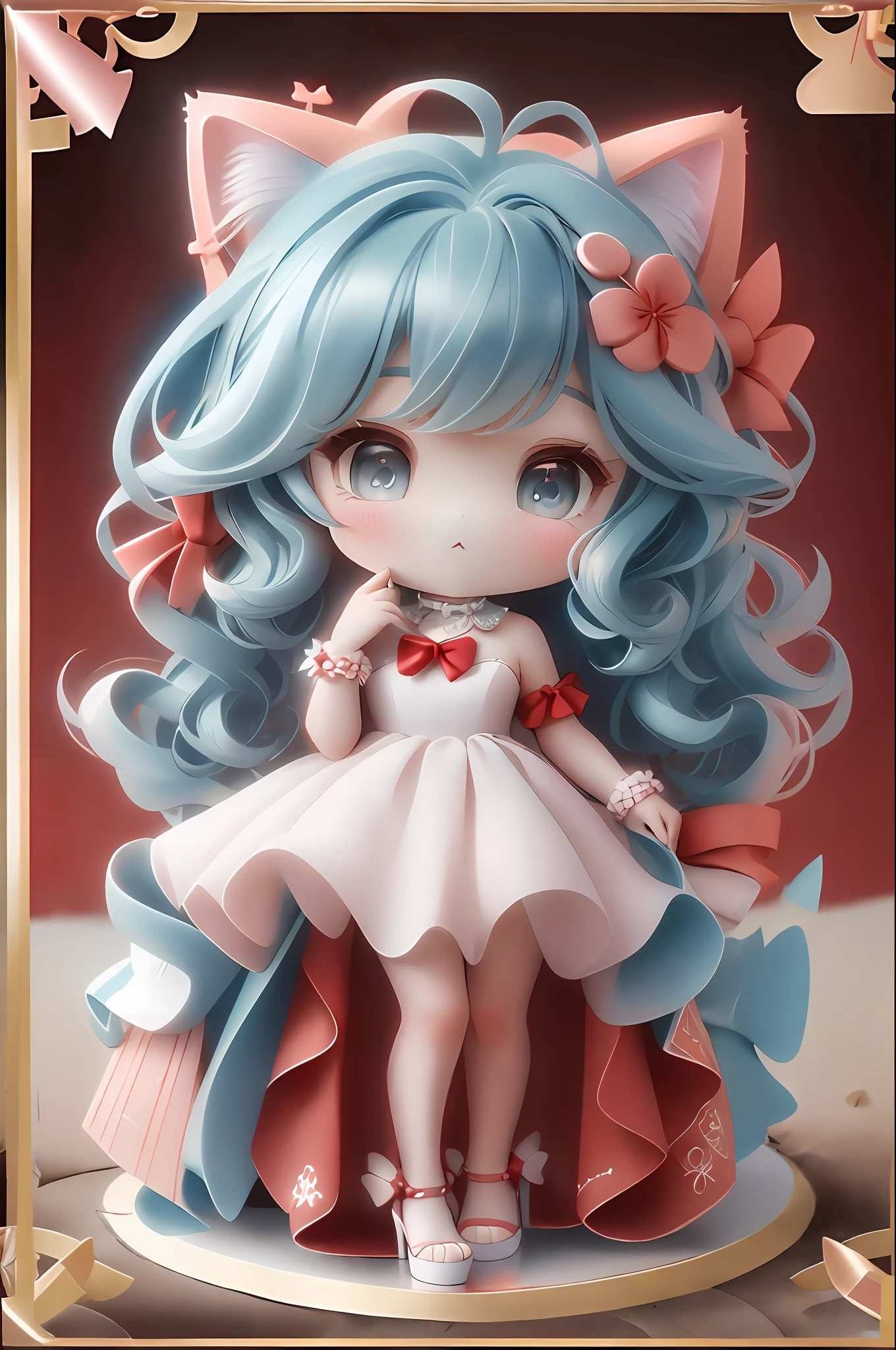 plastican00d, 1 Cat Girl, Chibi, aquamarine, Beach Wave, Dark red, wedding dress, wealthy,Looking at Viewer, Card Background